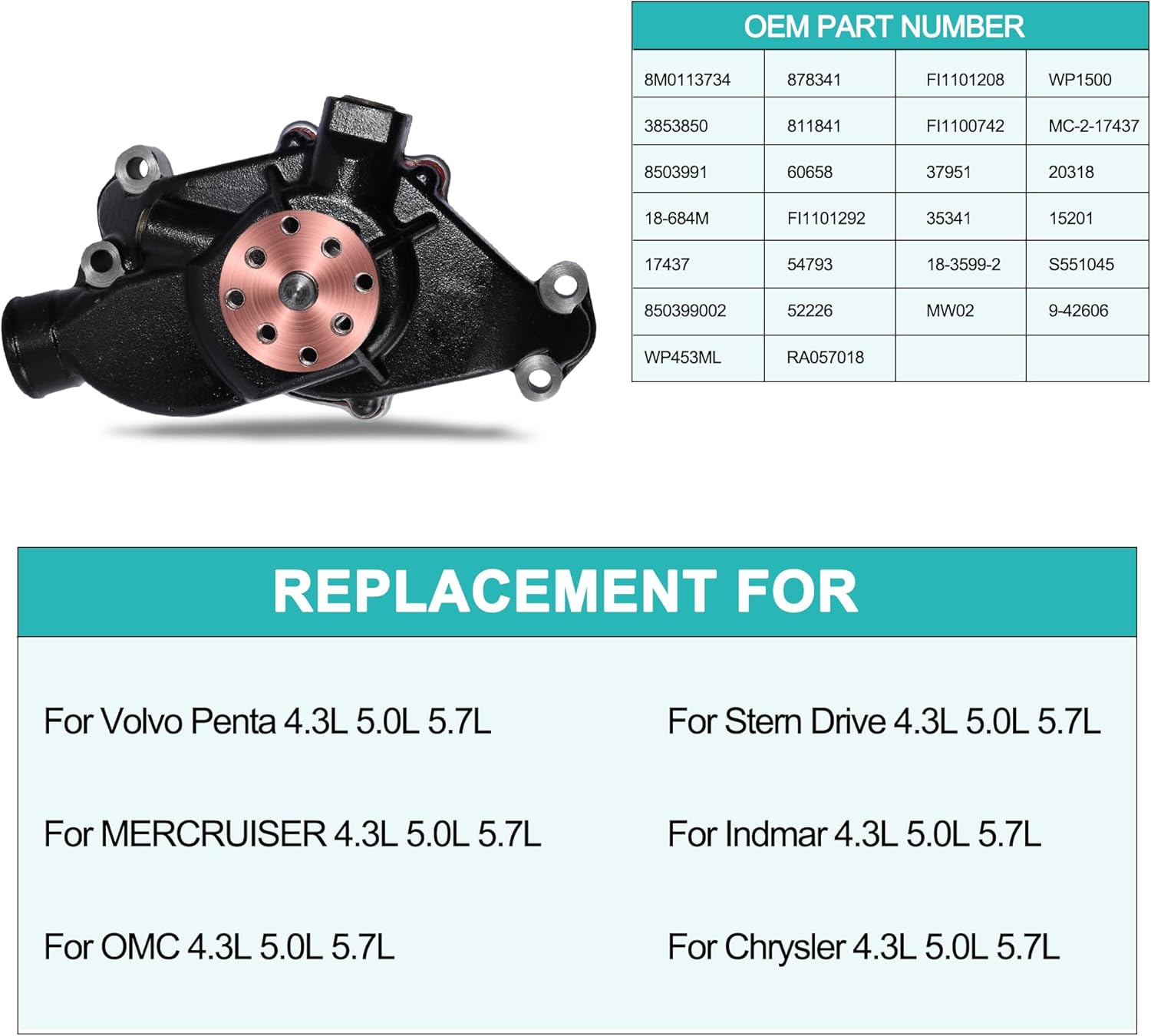 AULINK Sea Water Pump (Original Bronze Impeller,C&U Bearing) 8M0113734 3853850 8503991 For 4.3L 5.0L 5.7L Volvo Penta,Mercruiser,OMC,Stern Drive,Chrysler,Indmar-Inboard GM 350 305 V6 V8