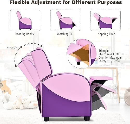 Miniatura 17 de ReunionG Sofá reclinable para niños, sillón de cuero para niños con reposapiés, reposacabezas, silla reclinable de juegos para sala de estar,