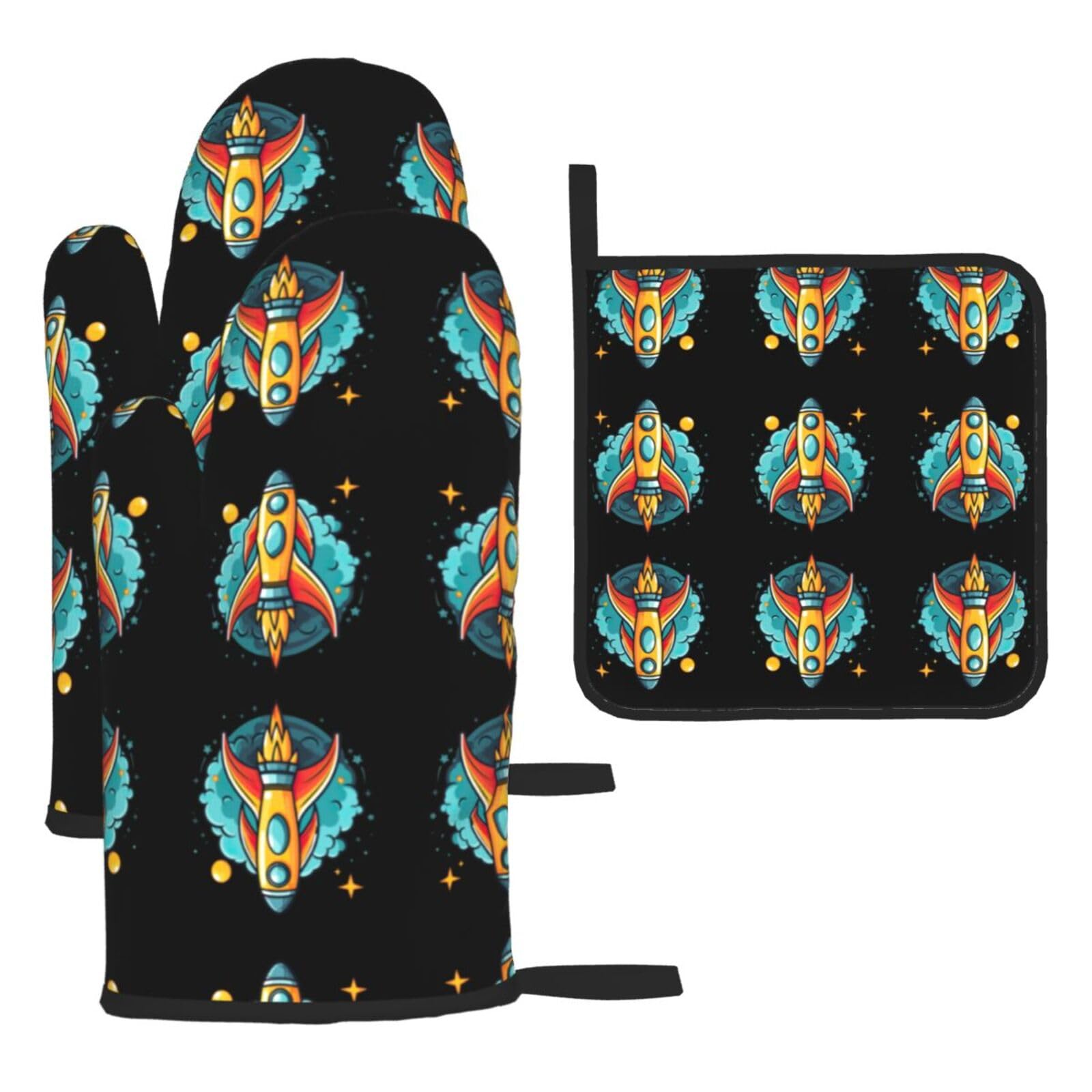 Rocket Clipart Space Ship Print Oven Mitts and Pot Holders Sets of 4,Resistant Hot Pads with Non-Slip Gloves for Kitchen,Cooking