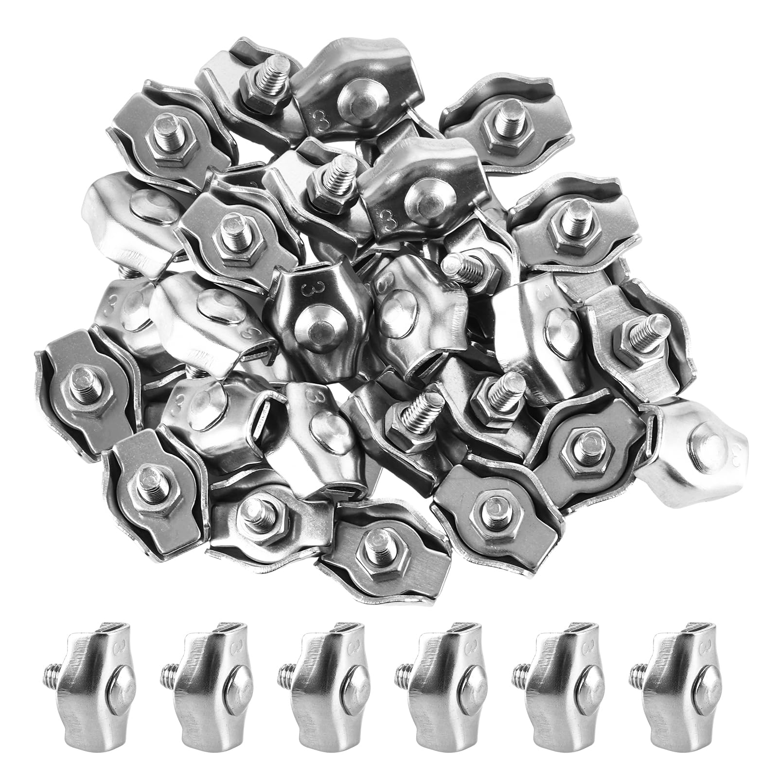 MIVIDE 100 Stück Drahtseilklemme M3, 304 Edelstahl Seilklemme Set, Seilklemme Kabelklemmen 3mm mit 7mm Schraubenschlüssel für Drahtseil Stahlseil Wäscheleine Markise Fixiert