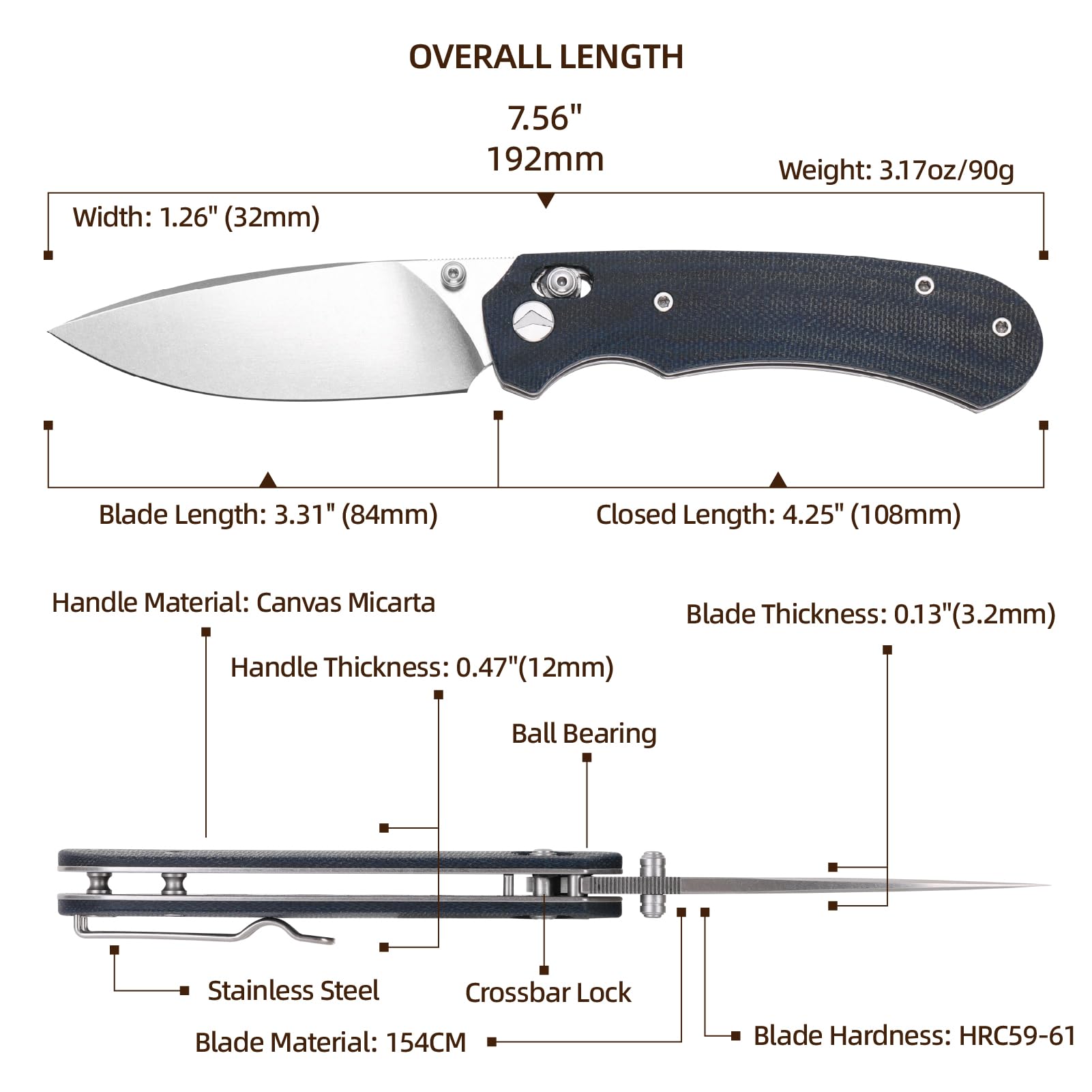 Klappbares Taschenmesser,3.31" 154CM Klinge,Erogonomischer Titan Griff,Jagd Überlebensmesser,EDC Messer für Jagd Camping Überleben Outdoor Angeln Wandern (Blau)