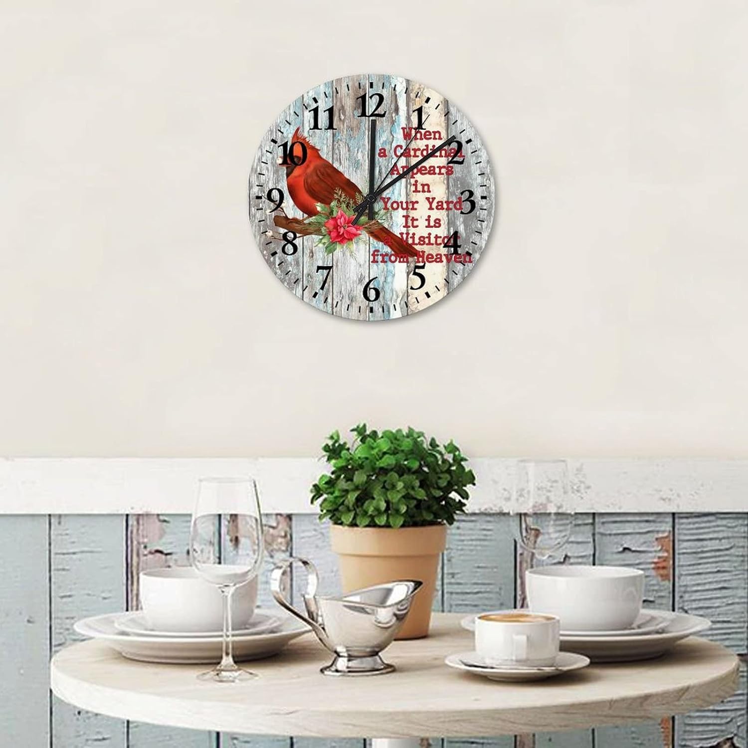 12 Inch When A Cardinal Appears in Your Yard Its A Visitor from Heaven Clock Wooden Quartz Analog Quiet in Memory of Loved One Living Room Accessories Arabic Numbers Round Clock for Living Room Office