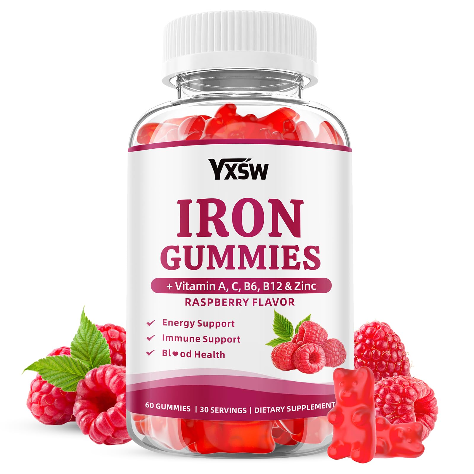 Iron Gummies for Women & Men, Vegan Iron Supplement Gummies with Vitamin C, A, B-Complex, Folate, Zinc- for Immune Health & Energy Support, Raspberry Flavor, 60 Count 60 Count (Pack of 1)
