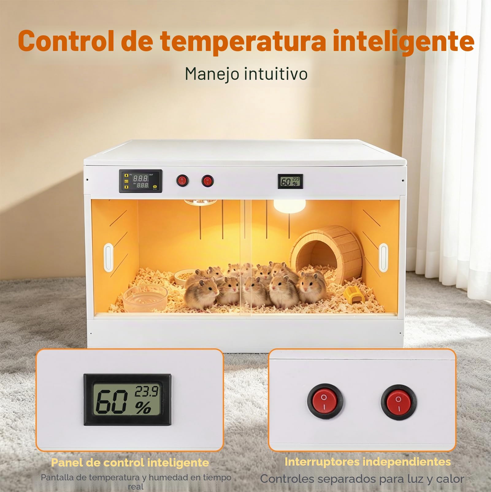 Caja Criadora de Pollitos 96L con Calefacción UVA y Control Temperatura | Calentadora Pollitos, Terrario Reptiles con Lámpara LED y Puerta Corredera, para Geckos, Lagartos, Tortugas y Aves Pequeñas