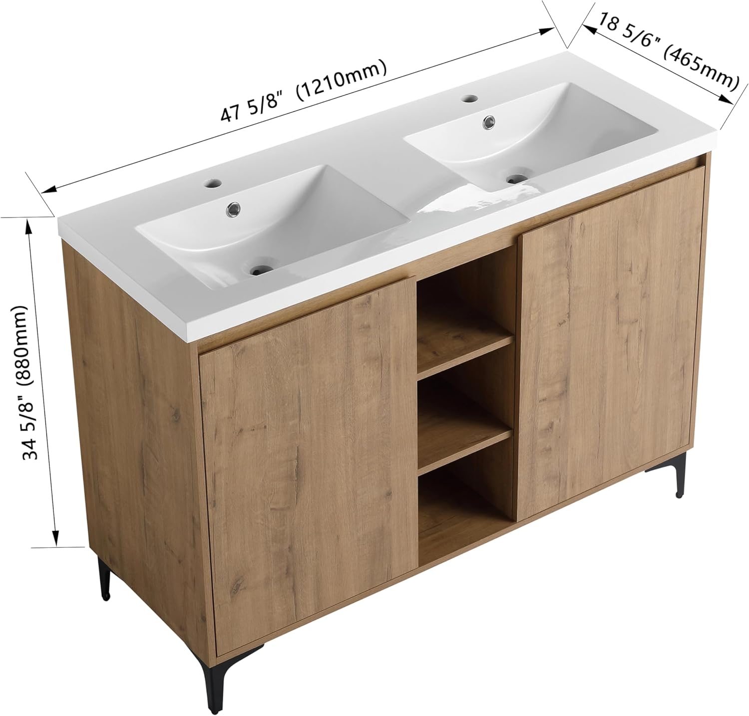 48" Double Bathroom Vanity with Sink Combo Classic Oak Brown Bathroom Vanity Cabinet with Dual Resin Sink Floor Stand Undermount Bathroom Sink Cabinet with 2 Door and Middle Open Shelves