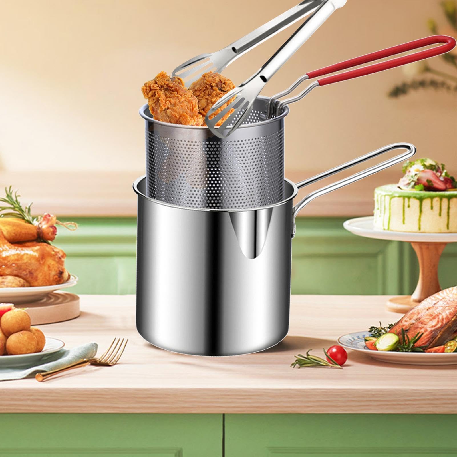 roestvrijstalen friteuse met frituurmand en tang, kleine multifunctionele friteuse met lange steel voor het frituren van kippenpoten, friet, kippenkoteletten, garnalen