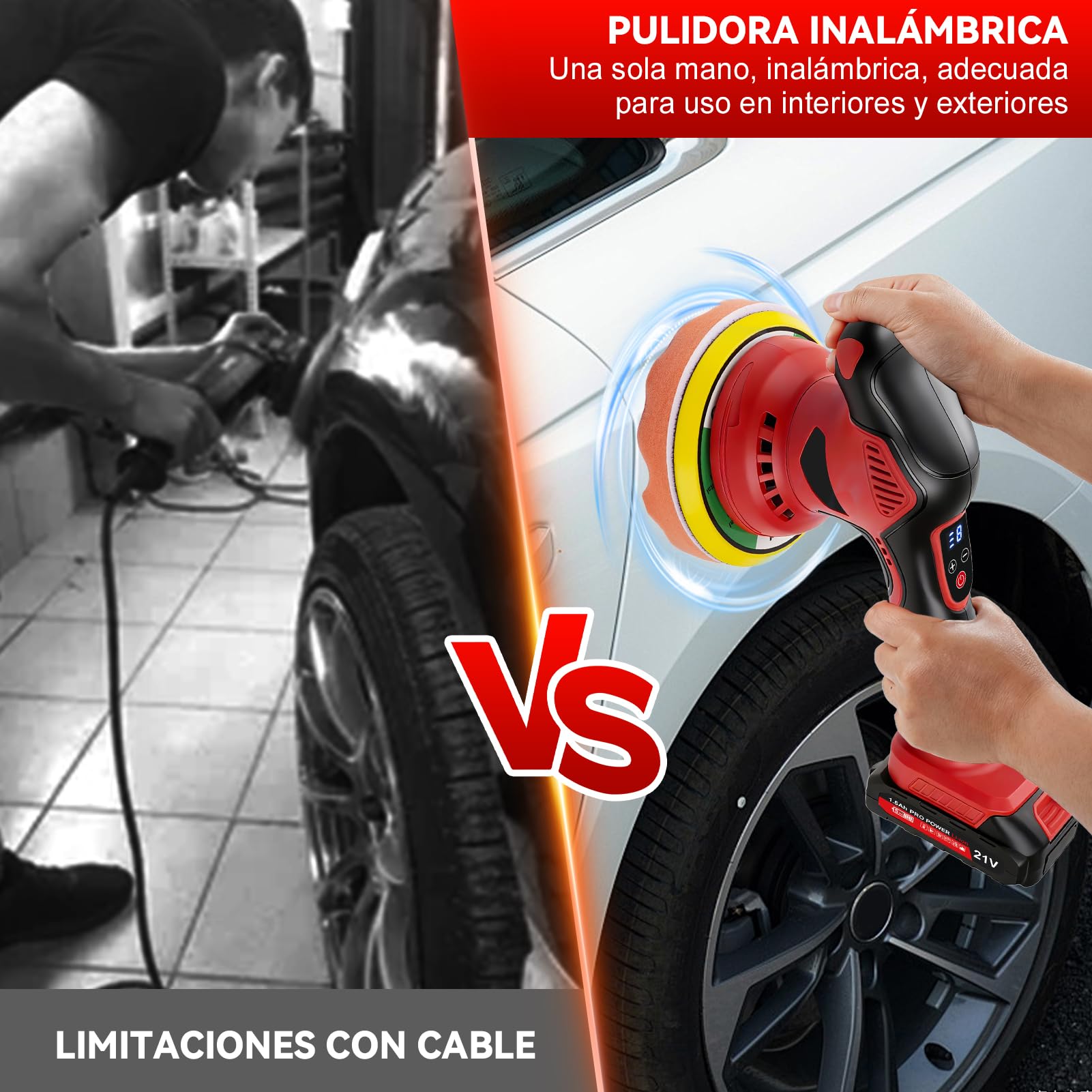Pulidora de Autos Inalámbrica, 21V Pulidora de Coche con Batería Profesional de 6 Pulgadas 150 mm, Pulidora Orbital Excéntrica con 8 Velocidades 2600-5800 rpm, para Encerado, Mantenimiento, Pulido