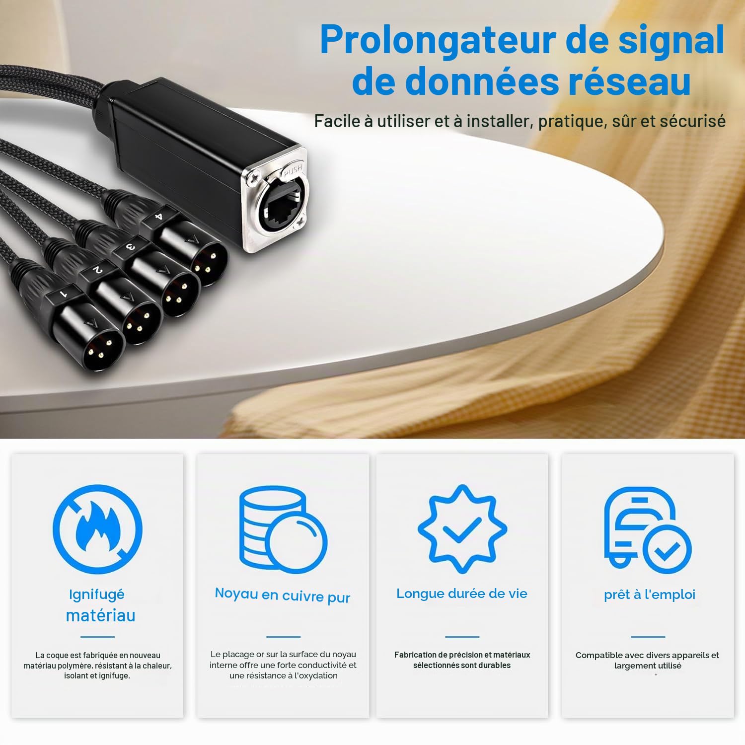 XMSJSIY Lot de 2 rallonges XLR 4 canaux 3 broches vers câble Ethercon pour DMX512 XLR mâle/femelle vers RJ45 femelle sur câble tressé Cat5/6/6e
