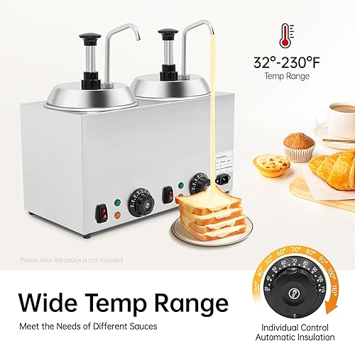 Miniatura 4 de Dispensador de doble calentador de salsa con bomba, calentador de salsa de queso nacho de acero inoxidable de 2.64 cuartos de galón con control