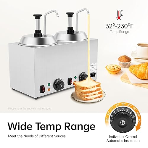 Miniatura 4 de Dispensador de queso de 5.3 cuartos de galón, calentador de salsa de queso doble dispensador con bomba de acero inoxidable 32-230F 1600W dispensador