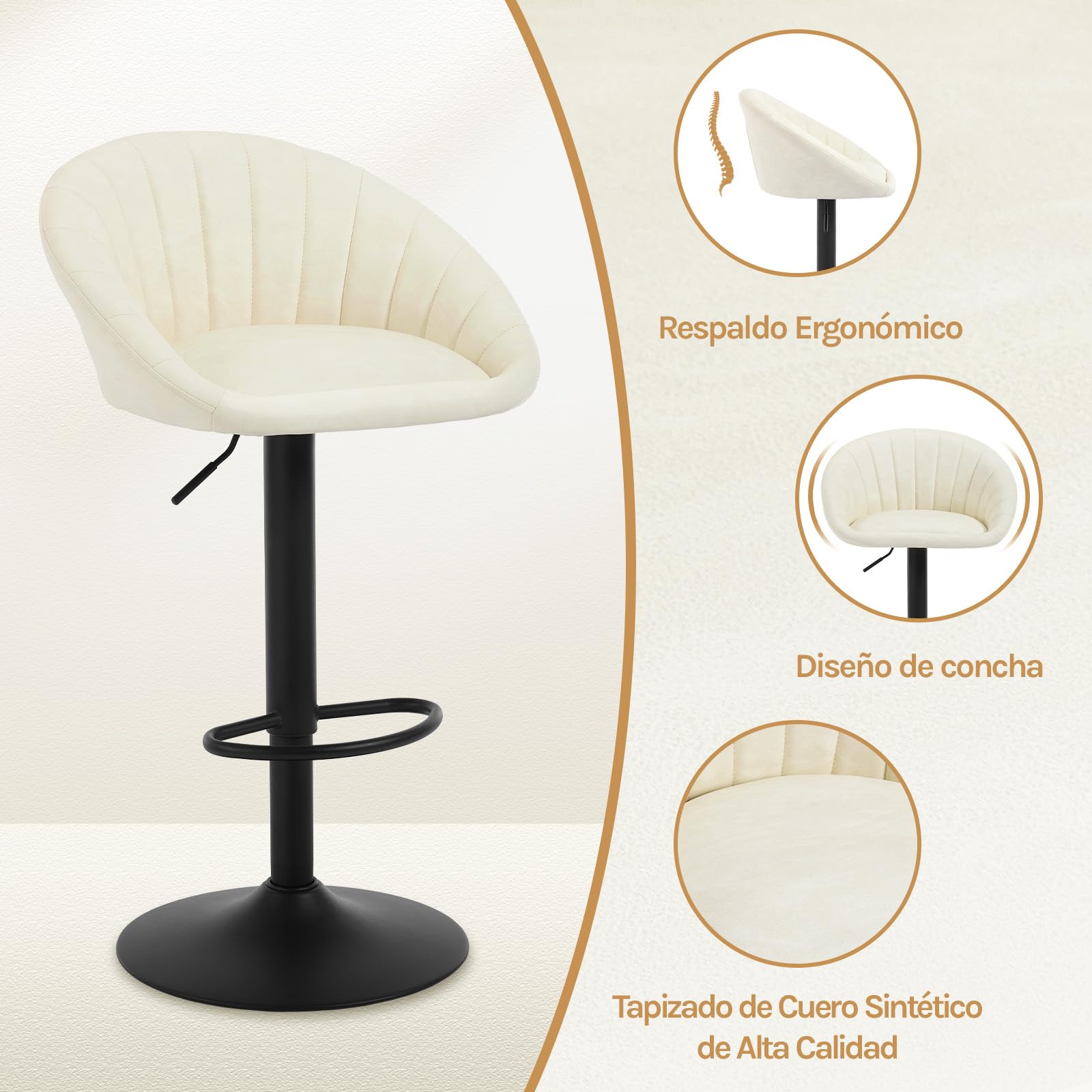 WOLTU 2X Taburetes Bar Giratorios con Respaldo Piel Sintética, Beige