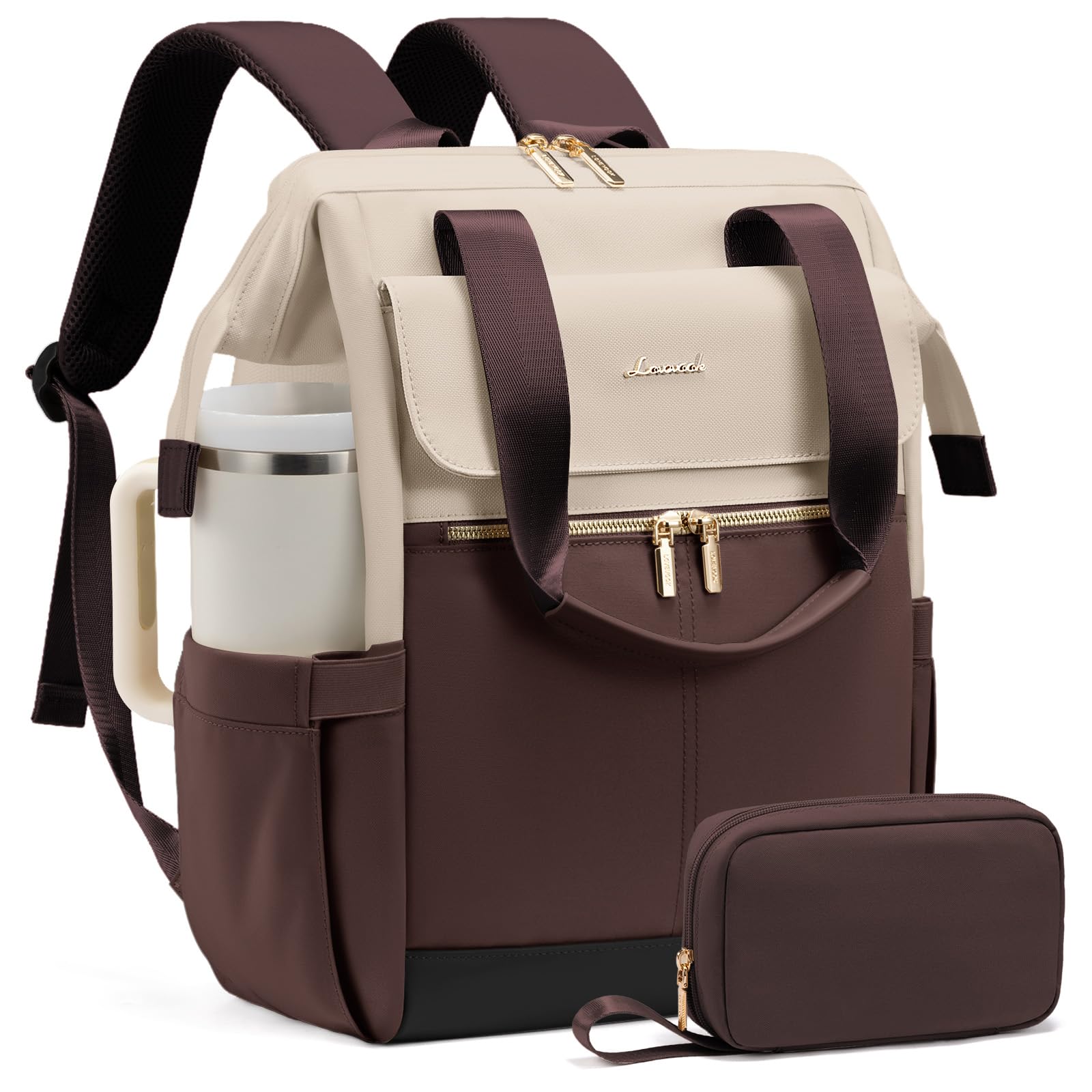 LOVEVOOK Laptop Backpack for Women with Giant Tumbler Holder, 15.6 Inch Work Laptop Bag with USB Port, Fashion Teacher Nurse Backpack Purse, Waterproof Travel Computer Backpack, 2PCS, Apricot-Coffee