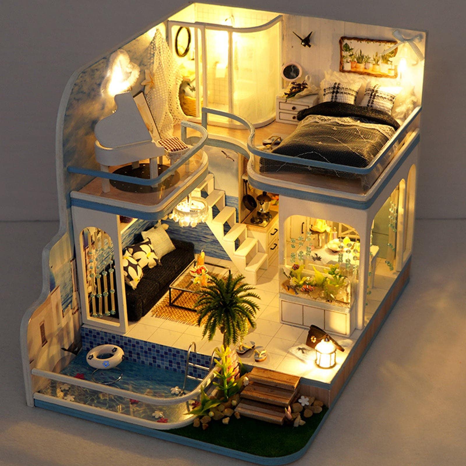 Casa delle Bambole Kit Fai da Miniatura Giocattolo Artigianale in Legno con Luci LED Hobby Creativo Manuale per Collezione Regalo Bambini