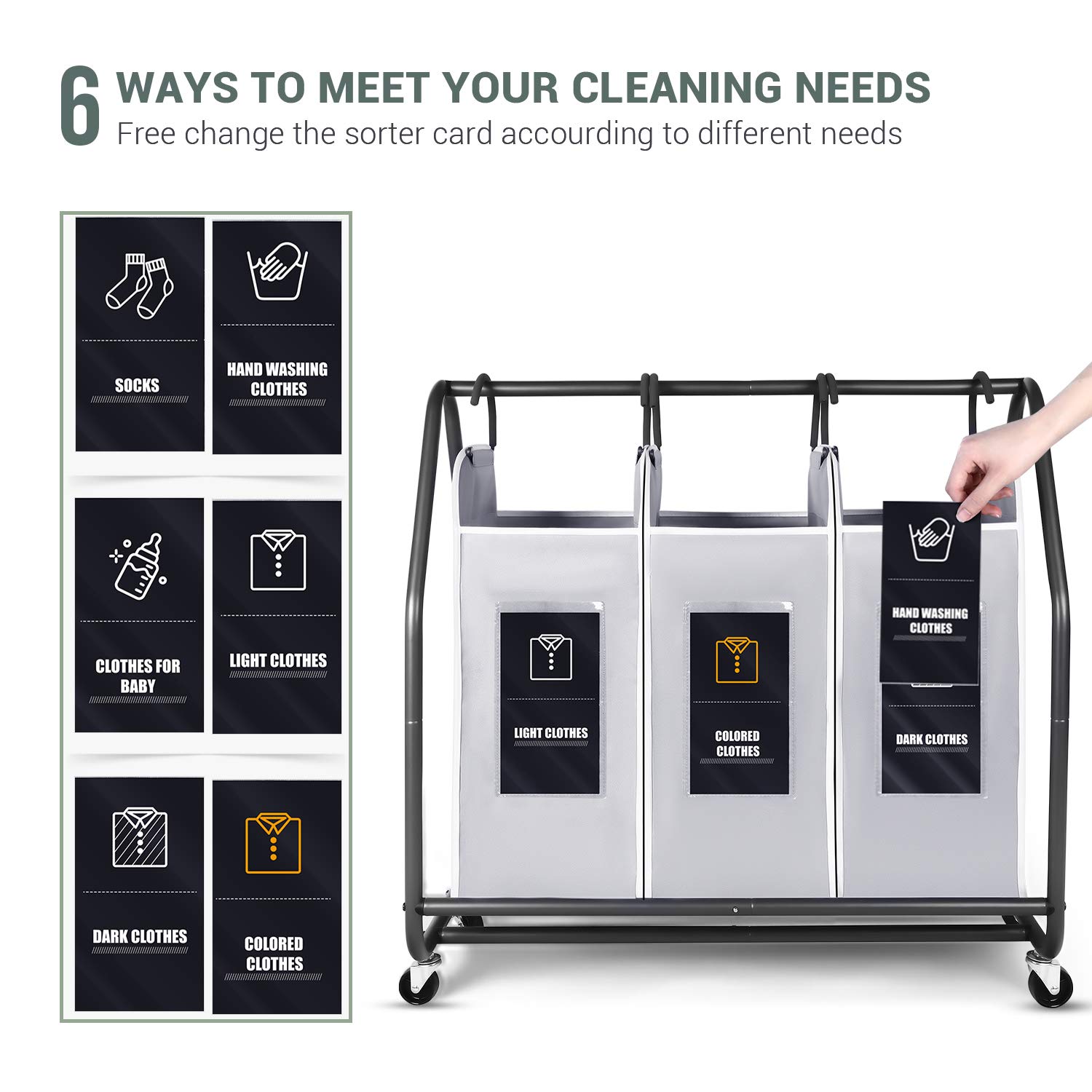 Rolling Laundry Sorter, Biemlerfn Laundry Basket with 3 Removable Bags