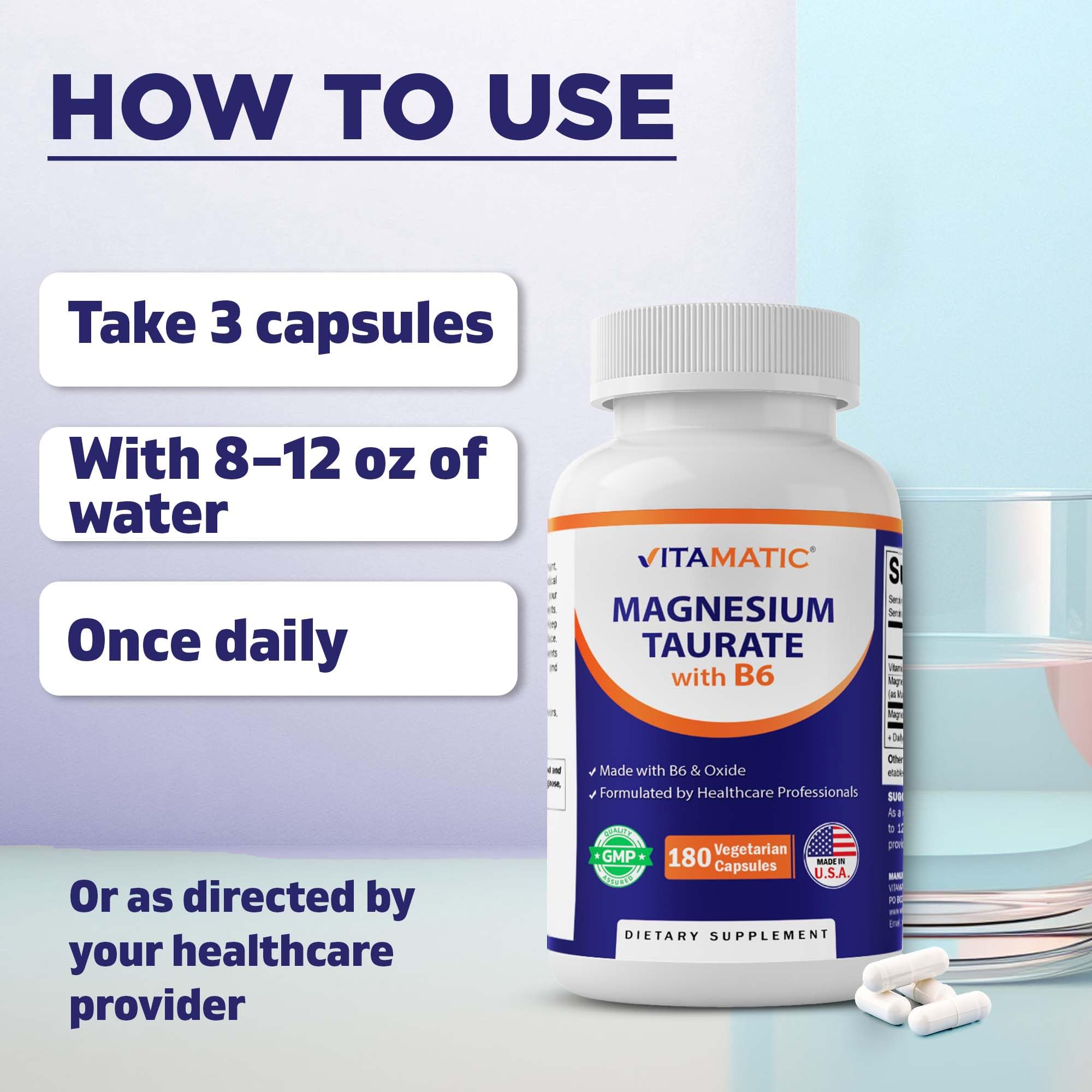 Vitamatic Magnesium Taurate 1500mg per Serving - 180 Vegetarian Capsules (Provides 300 mg of Elemental Magnesium) - Added B6 for Maximum Absorption - Supports Muscle, Joint, and Heart Health* — Amazon image 5