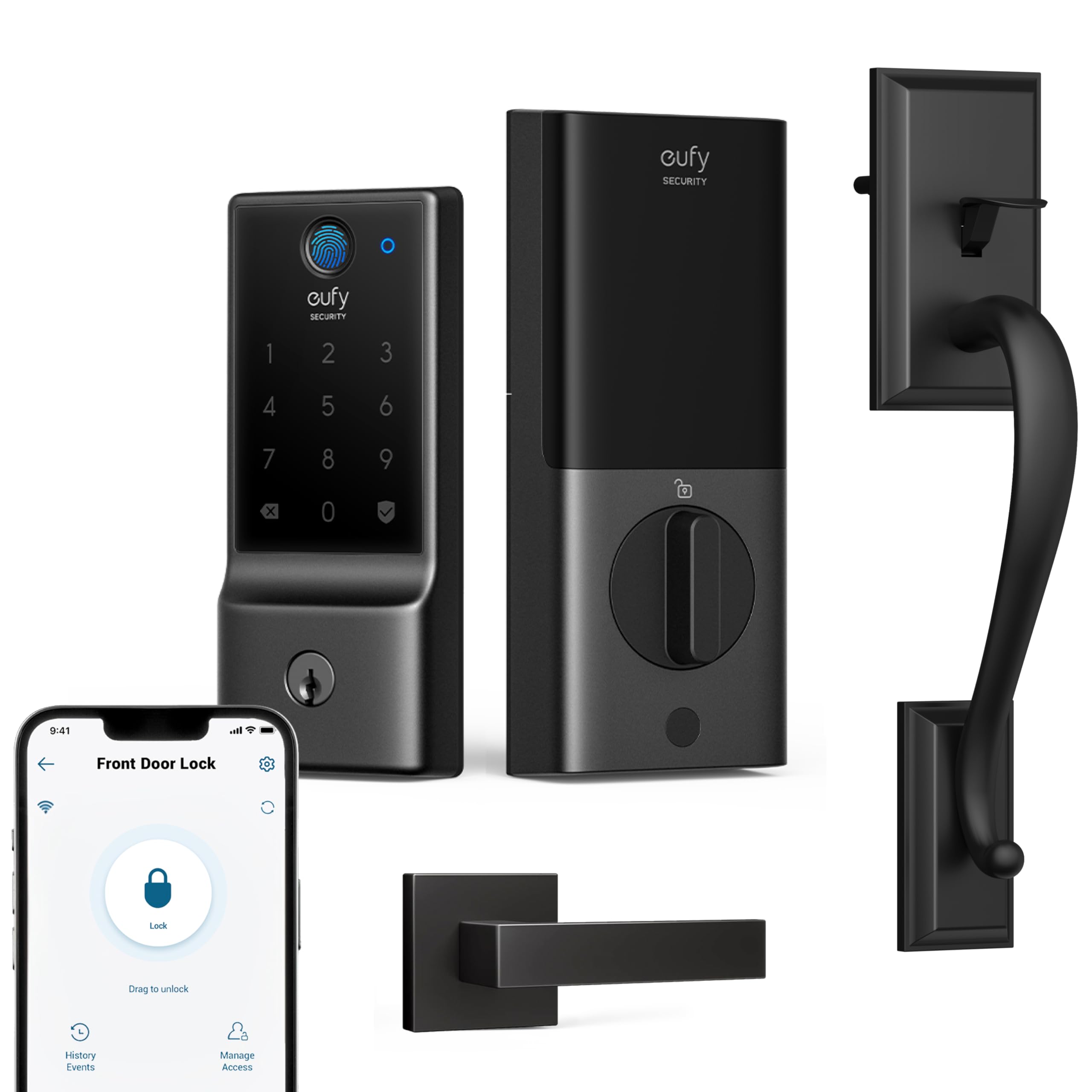 Fingerprint Keypad Door Lock with Handle, Built-in Wi-Fi, App Control, Up to 8-Month Battery, IP53 Waterproof, BHMA Certified eufy Security Smart Lock C220 Front Door Handle Set, Keyless Entry Deadbolt