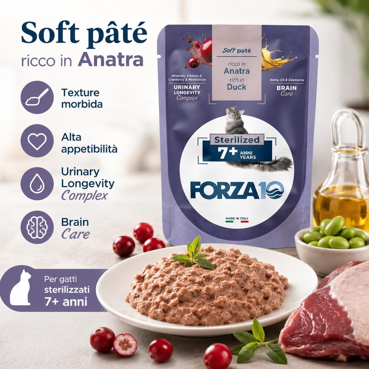 Soft Patè Gatto Anatra 7 anni sterilized– Forza10 Cibo Umido per Gatti Anziani sterilizzati di tutte le Taglie e Razze,Monoproteico,24 Bustine x 80g, Alimento Completo.