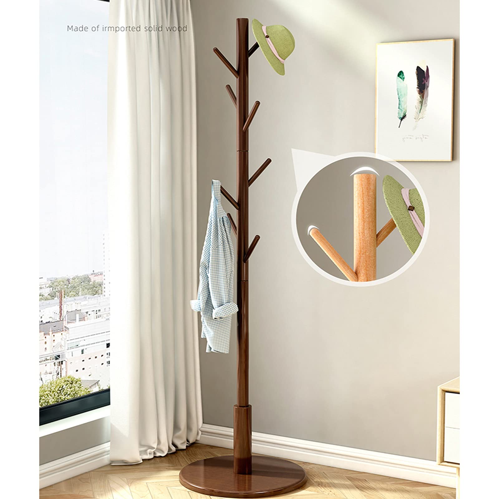 Garderobenständer aus Holz mit 8 Haken, einfache Montage, Stehgarderobe für Schlafzimmer, Wohnzimmer, Eingangsbereich, Rot, 40 x 176 cm