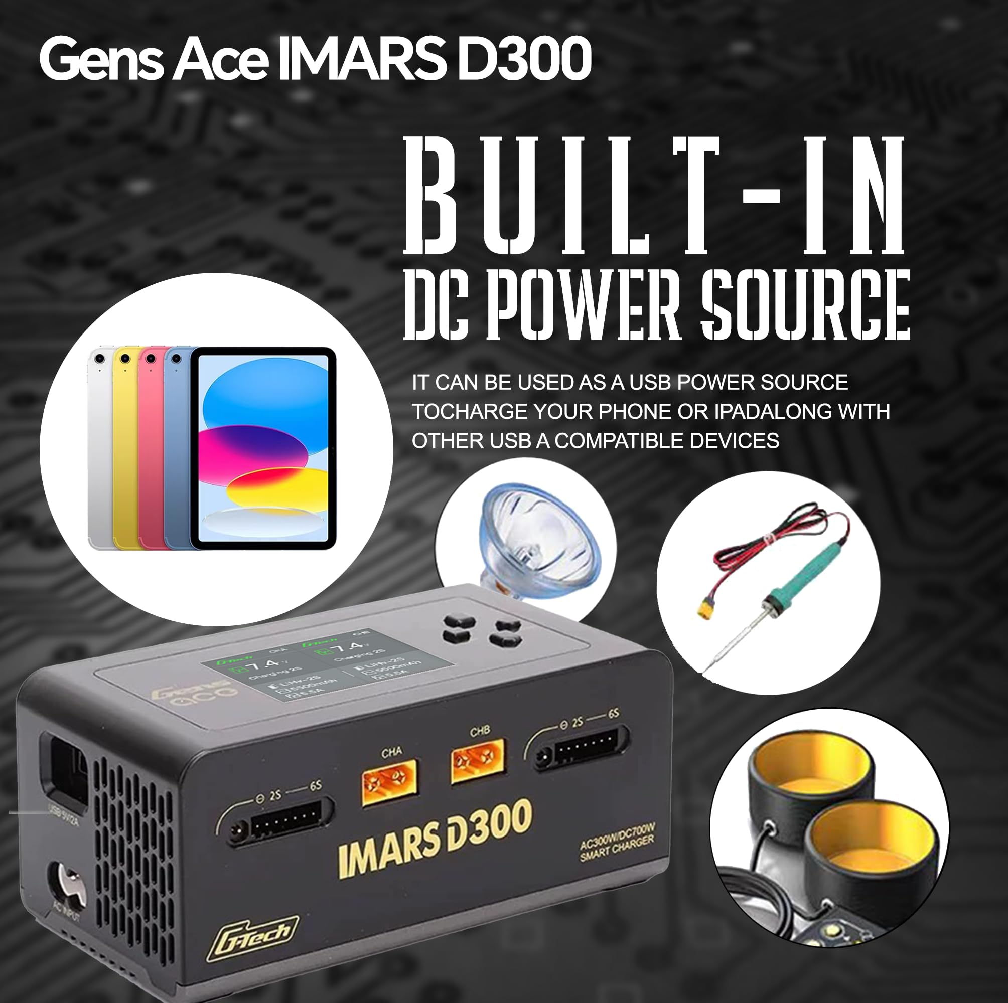 Gens Ace IMARS D300 Lipo Caricabatterie G-Tech Series Smart Dual Lipo Balance Charger AC 300W DC 700W (350W * 2) 16A Dual Channel Charger per batterie Lipo 1s ~ 6s, Life/NiCd/MH/LiHV, Plug&Play (nero)