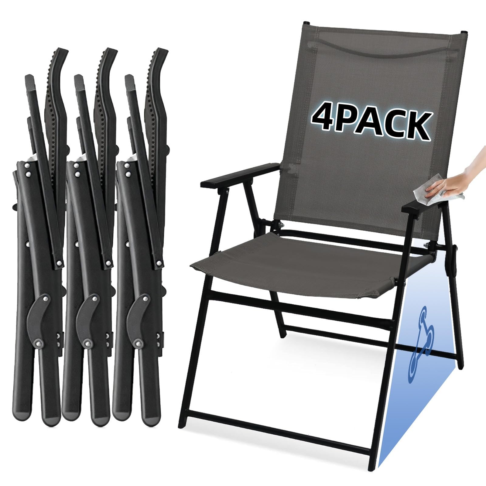 JMGJOY Folding Garden Chairs Set of 4 High Back Outdoor Patio Dining Chairs Portable Foldable Camping Chair Metal Steel Frame Max.113kg for Picnic, Camping, Fishing, Lawn, Yard, Beach, Gray