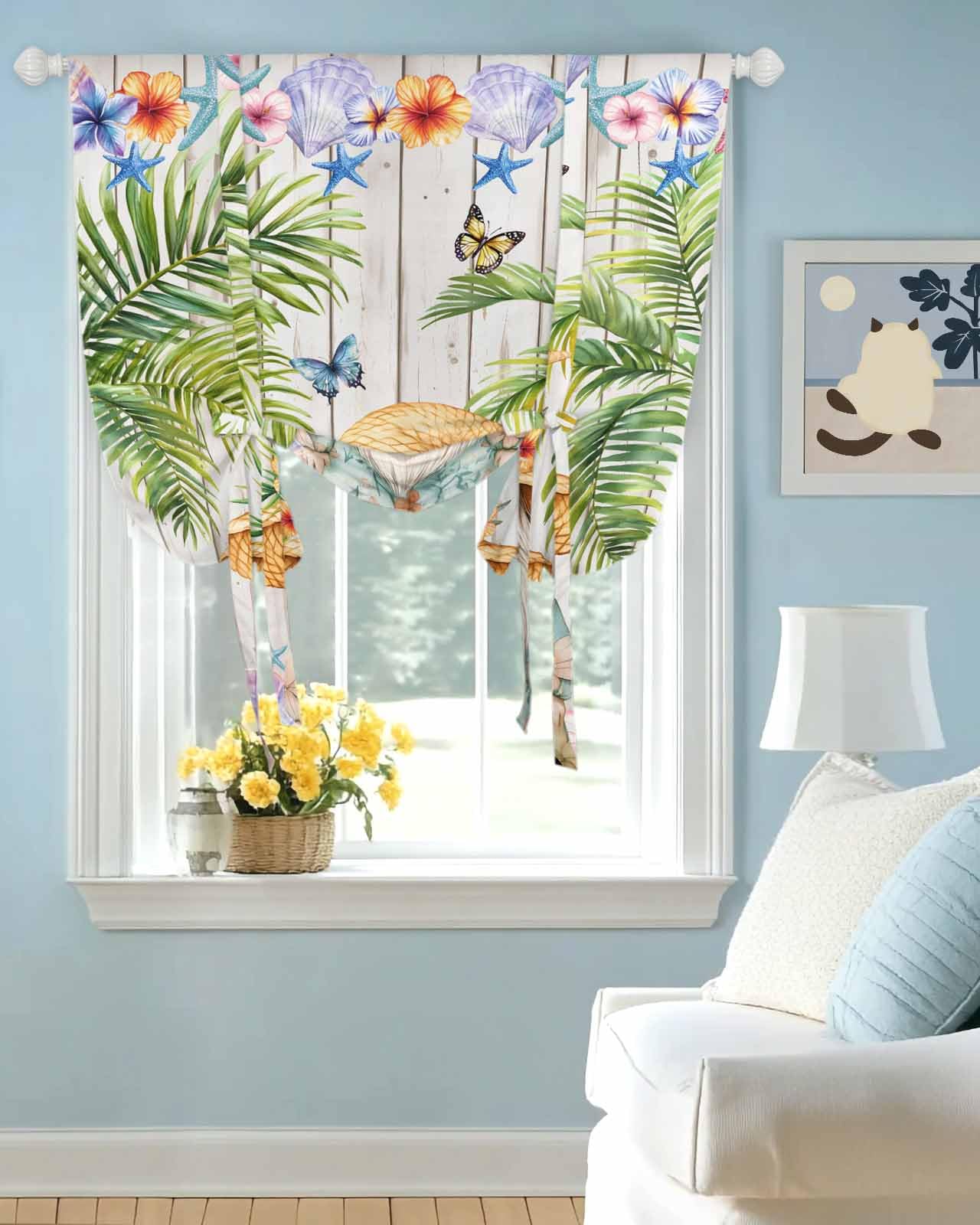 Tie Up Curtains for Windows Summer Gnomes Butterfly Rod Pocket Tie-Up Window Shade Adjustable Balloon Curtain Valance Palm Tree on Wood Board for Bedroom Kitchen Bathroom Blinds,34x45in