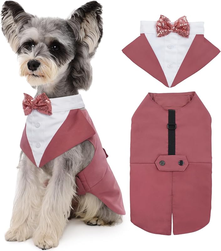 Fantasia para Cachorro Kuoser com Smoking, Bandana e Argola D, Rosa, Tamanho S