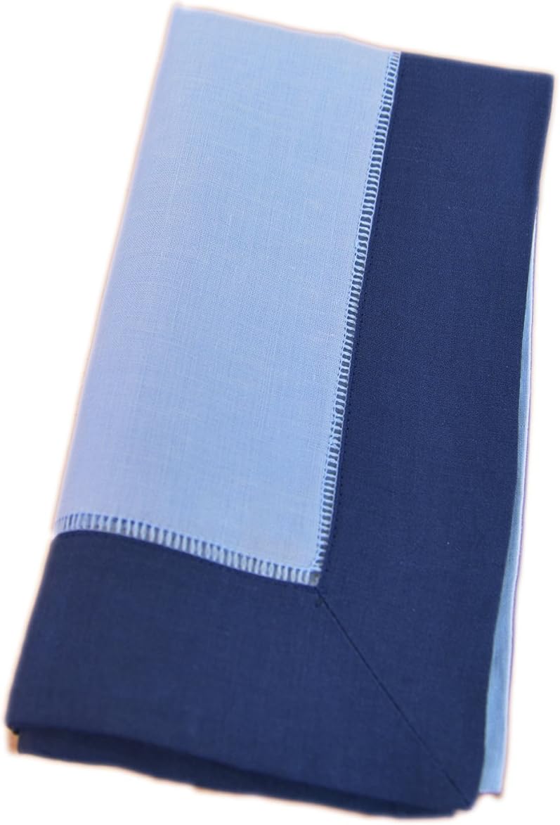Linen Dinner Napkins. 2 Tones colors. Ramie linen/cotton. ( 12 pieces set) (Light Blue / Navy Blue border, 12)