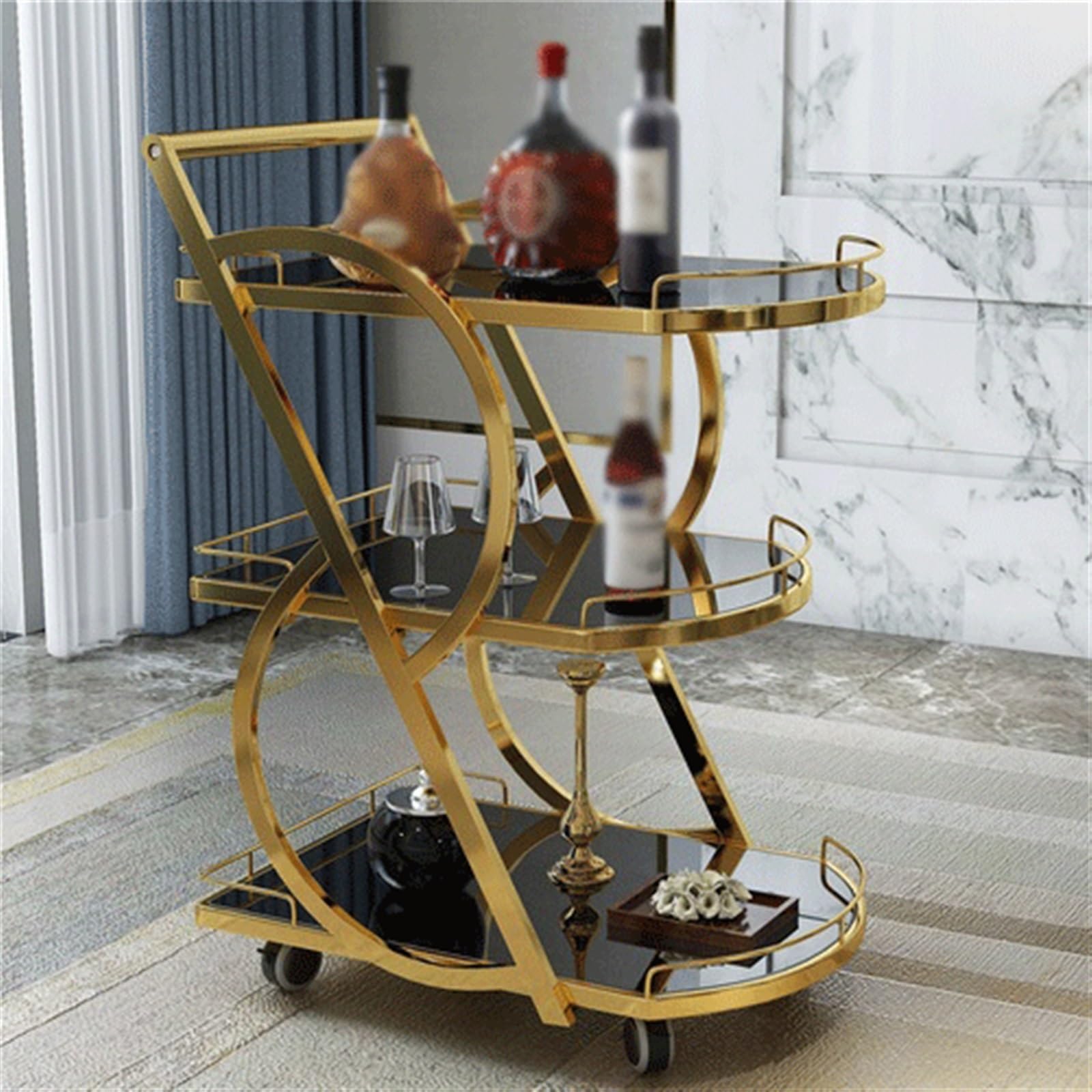 Rollwagen Barwagen mit 3 Etagen, abnehmbarem Ablagetablett, rollender Getränkewagen, mobiler Bar-Servierwagen Griff, Marmorholz und Metallrahmen, Heimküchenregal for Partys(Gold)