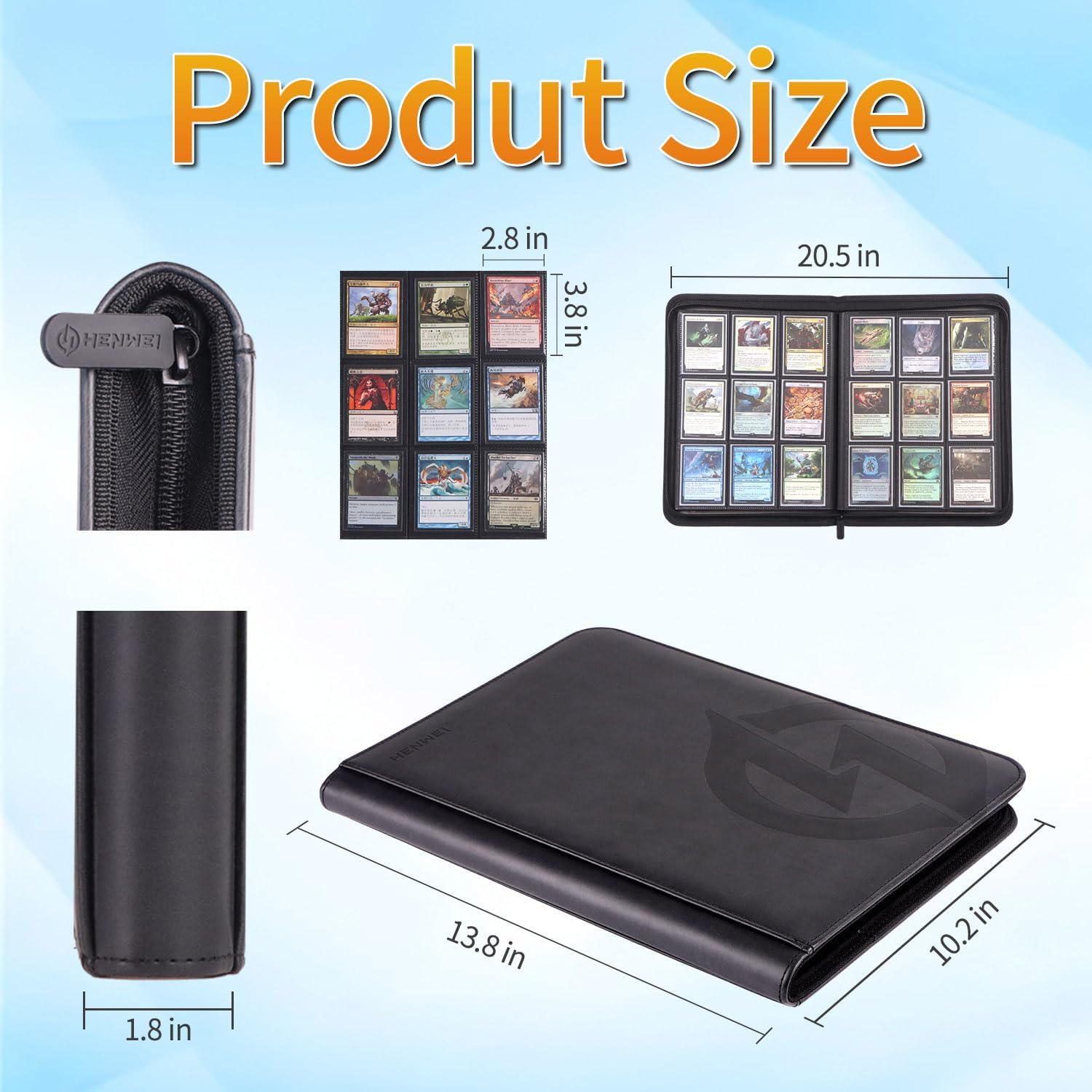 9-Pocket Black Zip Trading Card Binder/360 Cards/Premium PU Leather Exterior/Soft Suede Interior Lining/20 Side-Loading Pages/Specialized Binder for TCG Cards,Sports Cards,Game Cards and Gift Cards