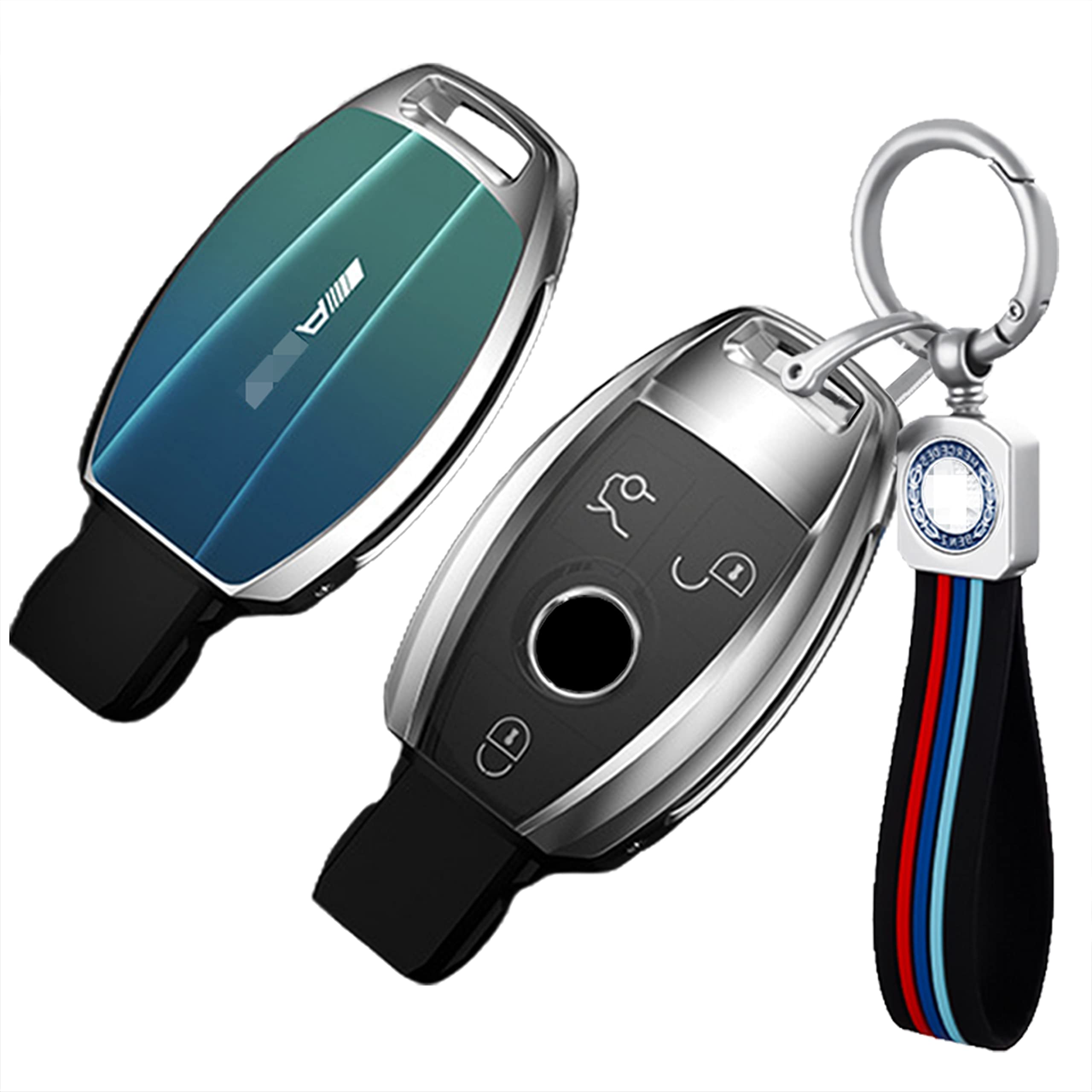 vol TTQK Key Case, Keychain, Metal Shell Cover+Gradient 3D glass upgrade Compatible for Mercedes-Benz C/E-GLC/GLE/GLA/S/C200L/GLC260 Series Green Blue