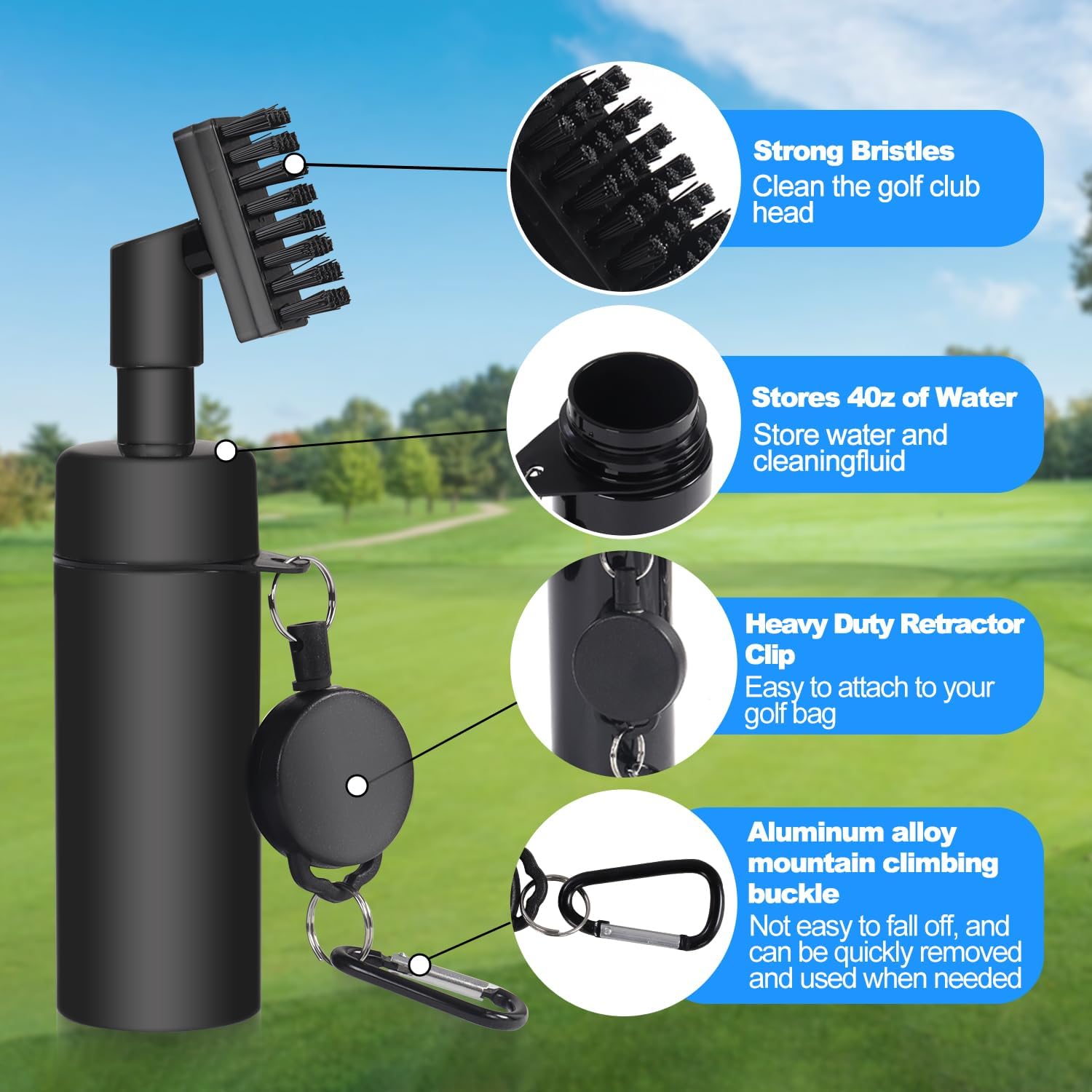 Golf Club Brush Cleaner with Water Bottle 7.5 Inches Holds 4 Ounces of Water - 2 Pack Pro Golf Club Cleaner Brush with Heavy Duty Retractable Clip - Golf Accessories - Image 2