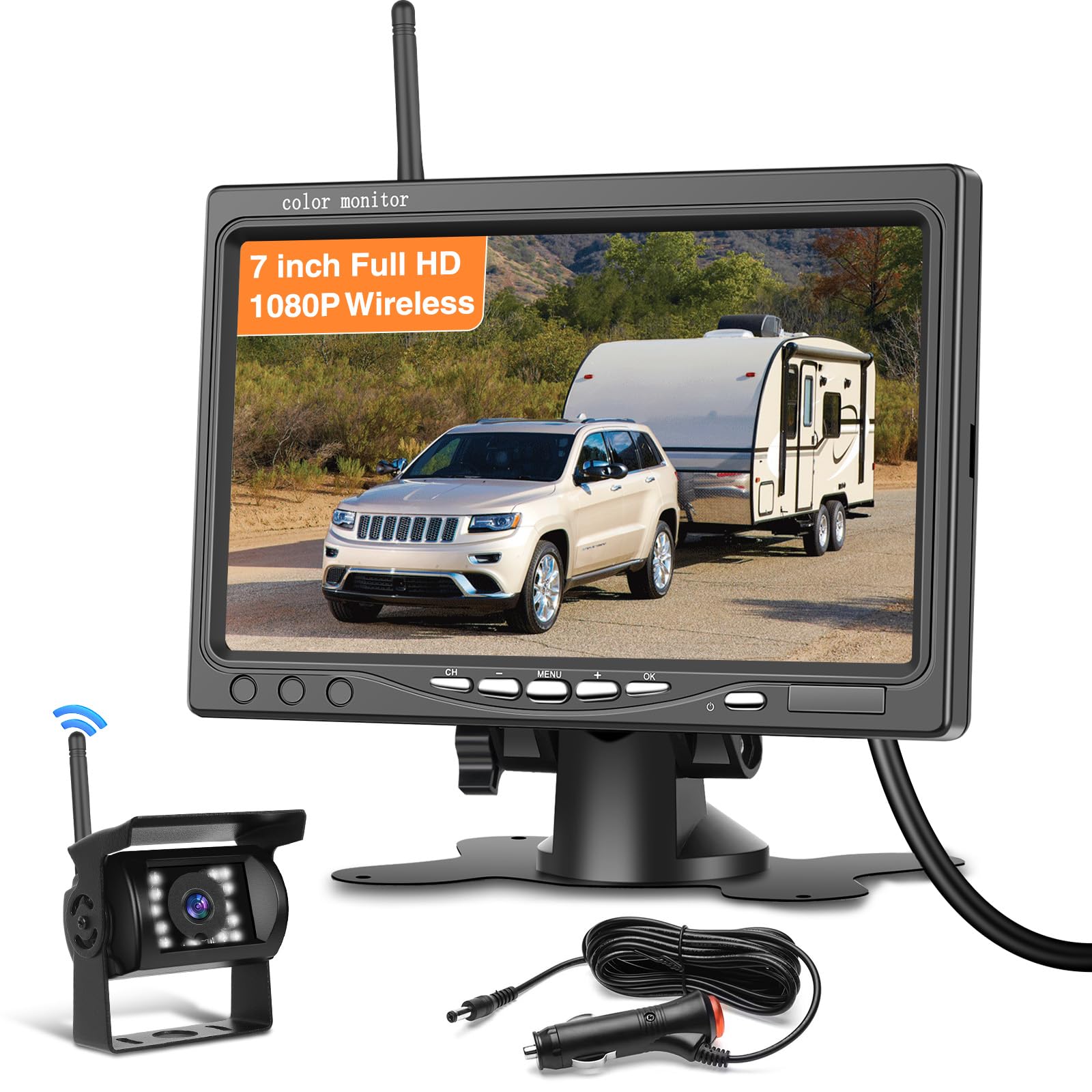 Zestaw bezprzewodowej kamery cofania z monitorem 7", kamera cofania, IP68, widoczność w nocy, bezprzewodowa kamera samochodowa, do kamperów, samochodów ciężarowych, kamperów, 12 V-36 V
