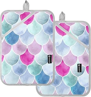 Iridescent Scallop Shapes Colorful Heat Resistant Pot Holders Set, Quilted Oven Hot Pads, Ergonomic Pocket Design for Kitchen Decor, Baking Accessories, 1 Pair