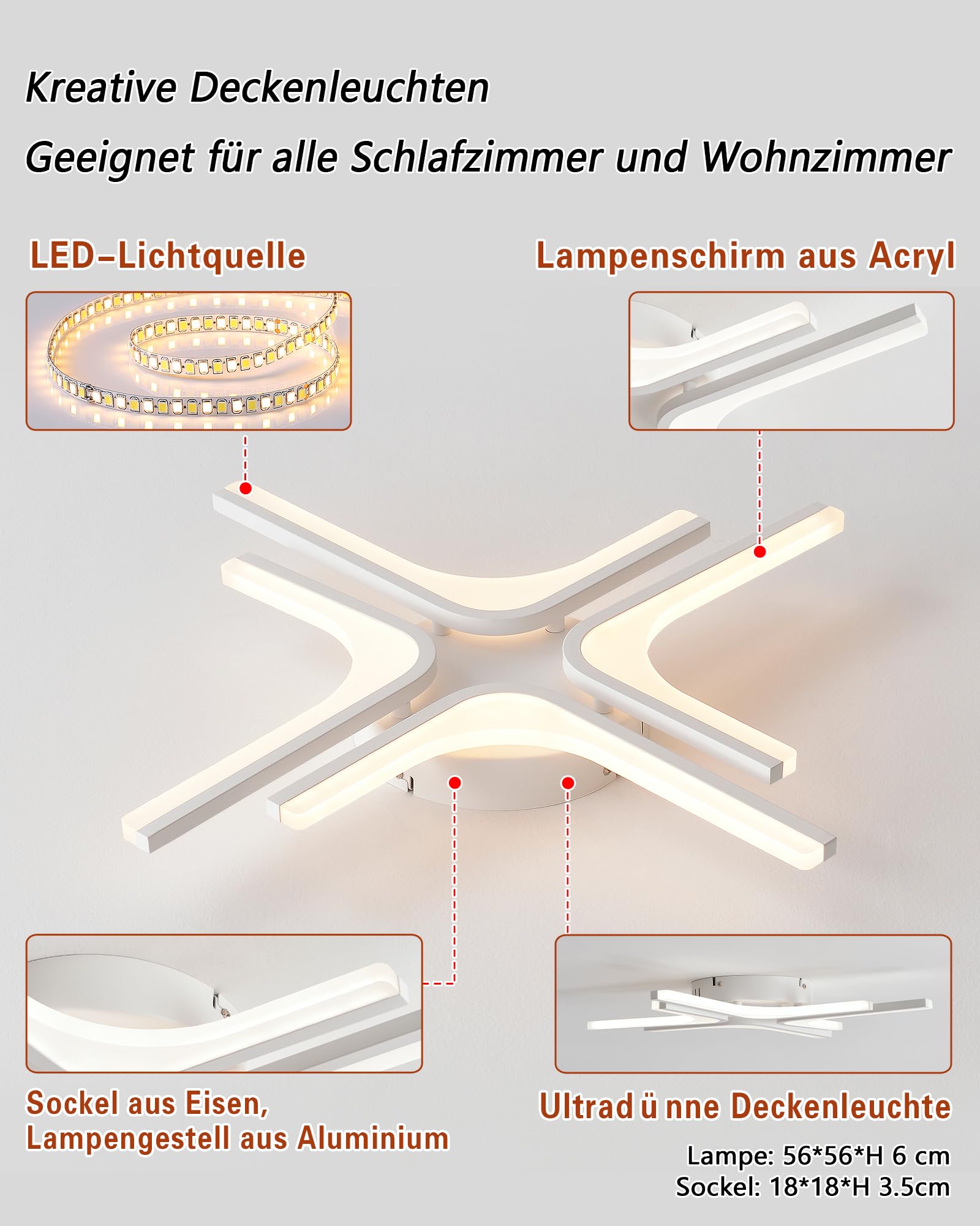 LED Deckenleuchte Dimmbar weiß Stern, 56cm 26W Farbtemperatur 3000-6000K, Helligkeit 10-100%, Mit Fernbedienung/Mobile APP, Für Schlafzimmer, Küche, Balkon, Flur, Mit Memory-Funktion, 2W Nachtlicht