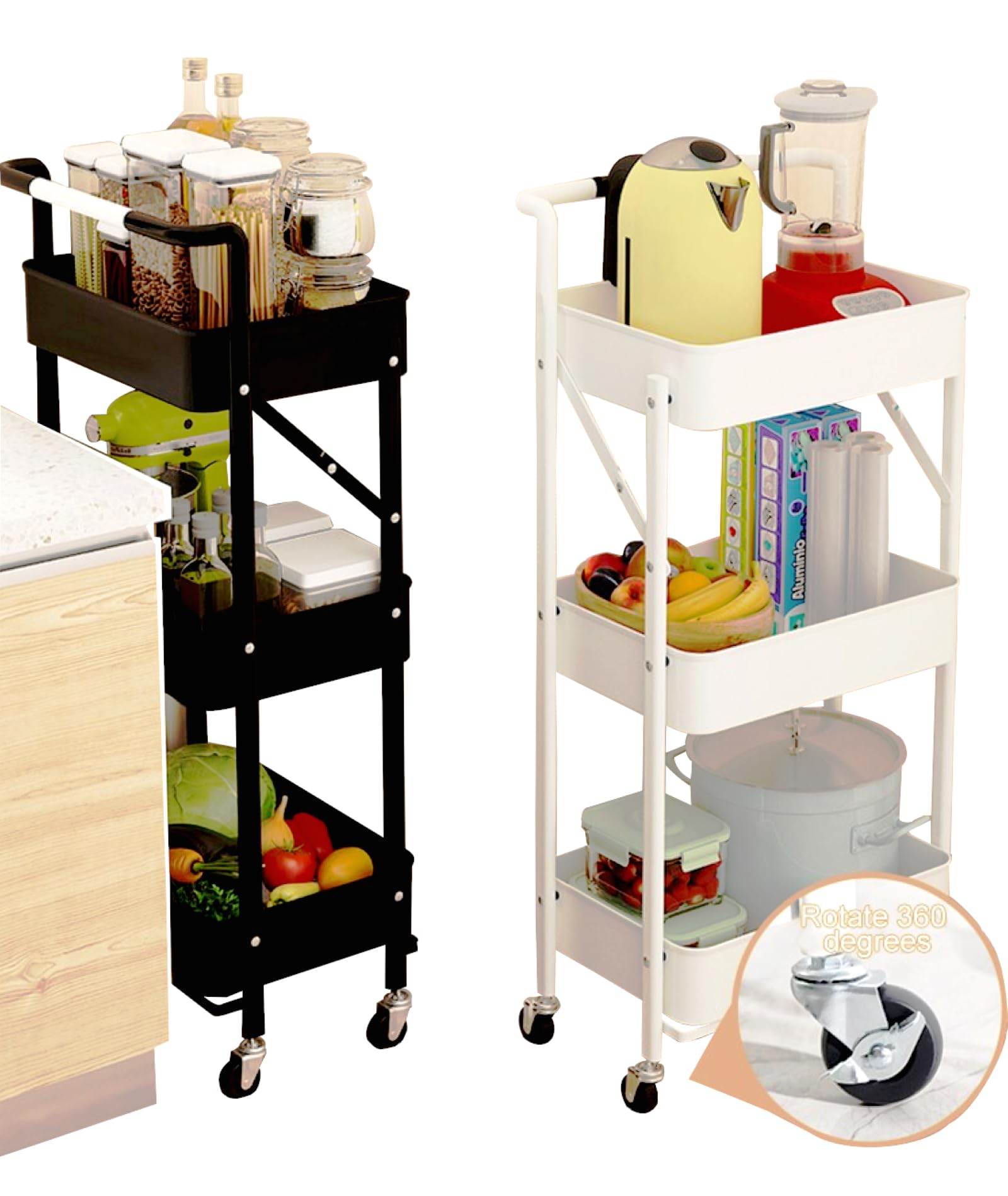 Utility Cart Organizer, Foldable, 3 Tier Trolley Cart for Kitchen, Bathroom, Bedroom, Garage, Laundry Room 43x28x89 cm - White