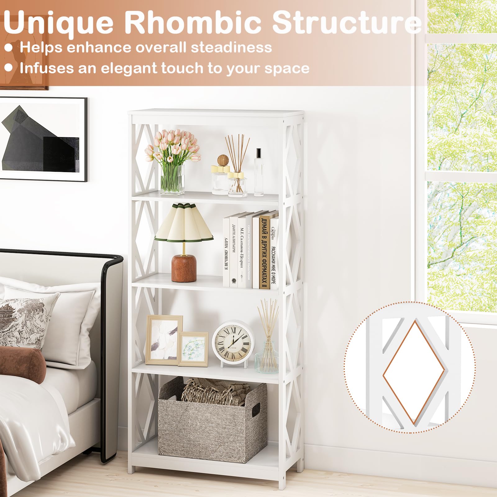 GIANTEX Bibliothèque à 5 Niveaux, Bibliotheque Livre avec Kit Anti-Basculement, Etagere Livre Style Moderne, Meuble de Rangement pour Bureau, Salon, Chambre, Salle d'Étude, 70 x 30 x 155 cm, Blanc