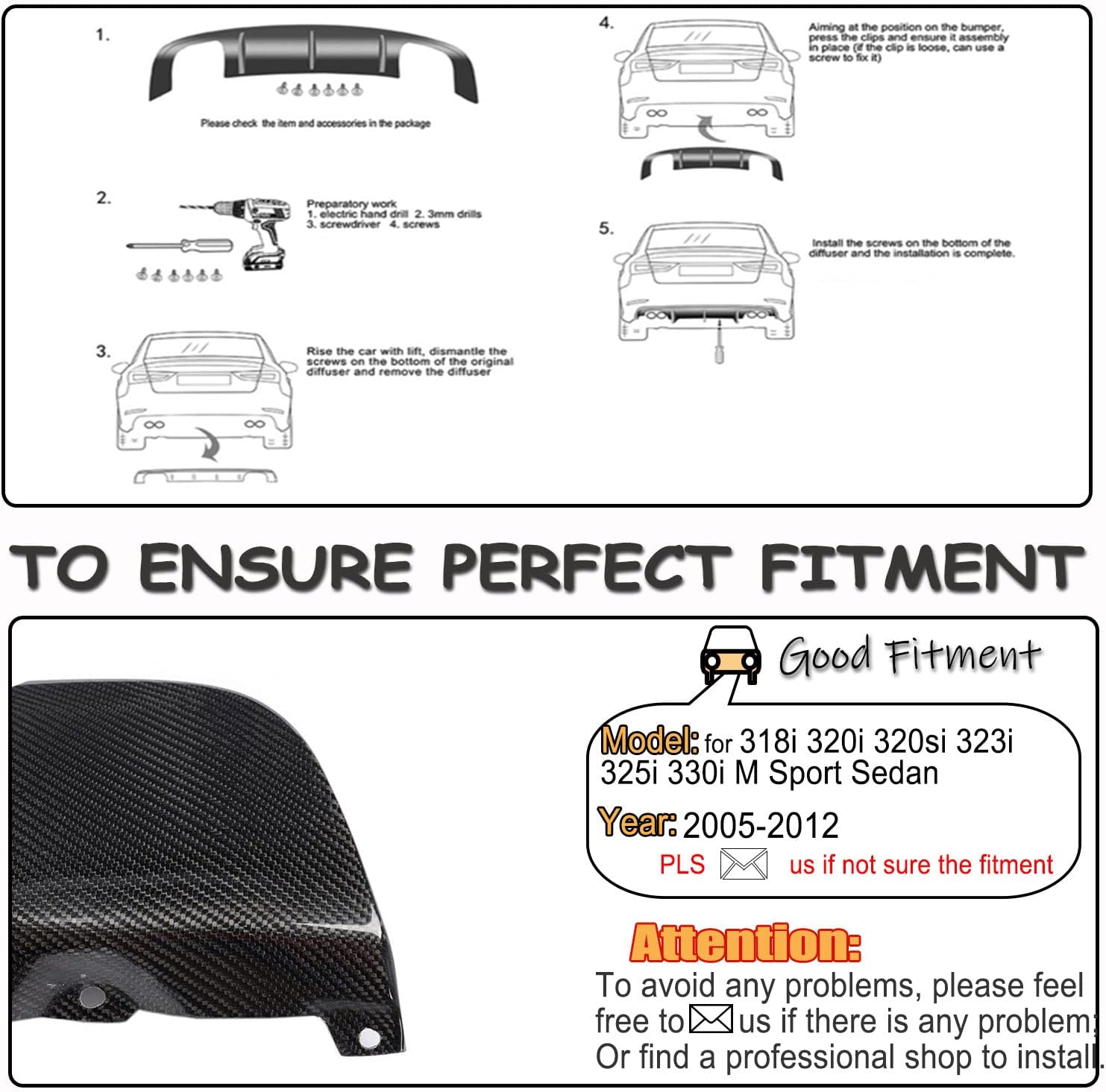 Carbon Fiber Rear Bumper Diffuser for BMW 3 Series E90 M Sport Sedan 2005-2012 318i 320i 320si 323i 325i 330i M-Tech Lower Bumper Lip Spoiler Body Kit Factory Outlet
