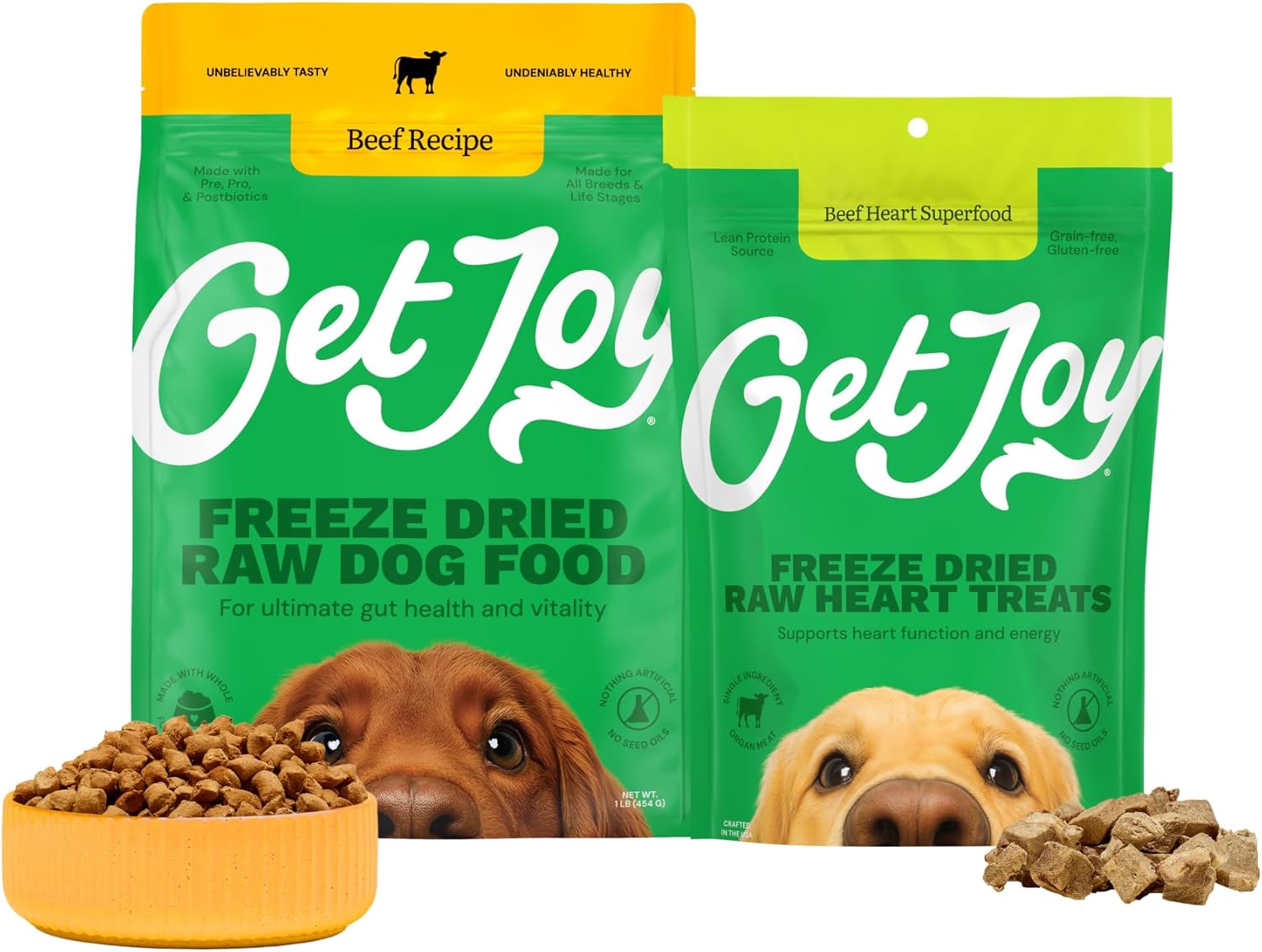 Get Joy Freeze-Dried Meal and Treats Bundle, Endurance 100% Beef Heart Dog Treats, 4 Ounce, and Gut Health Fresh Freeze Dried Raw Meal Dog Food, Beef Recipe, 16 Ounce