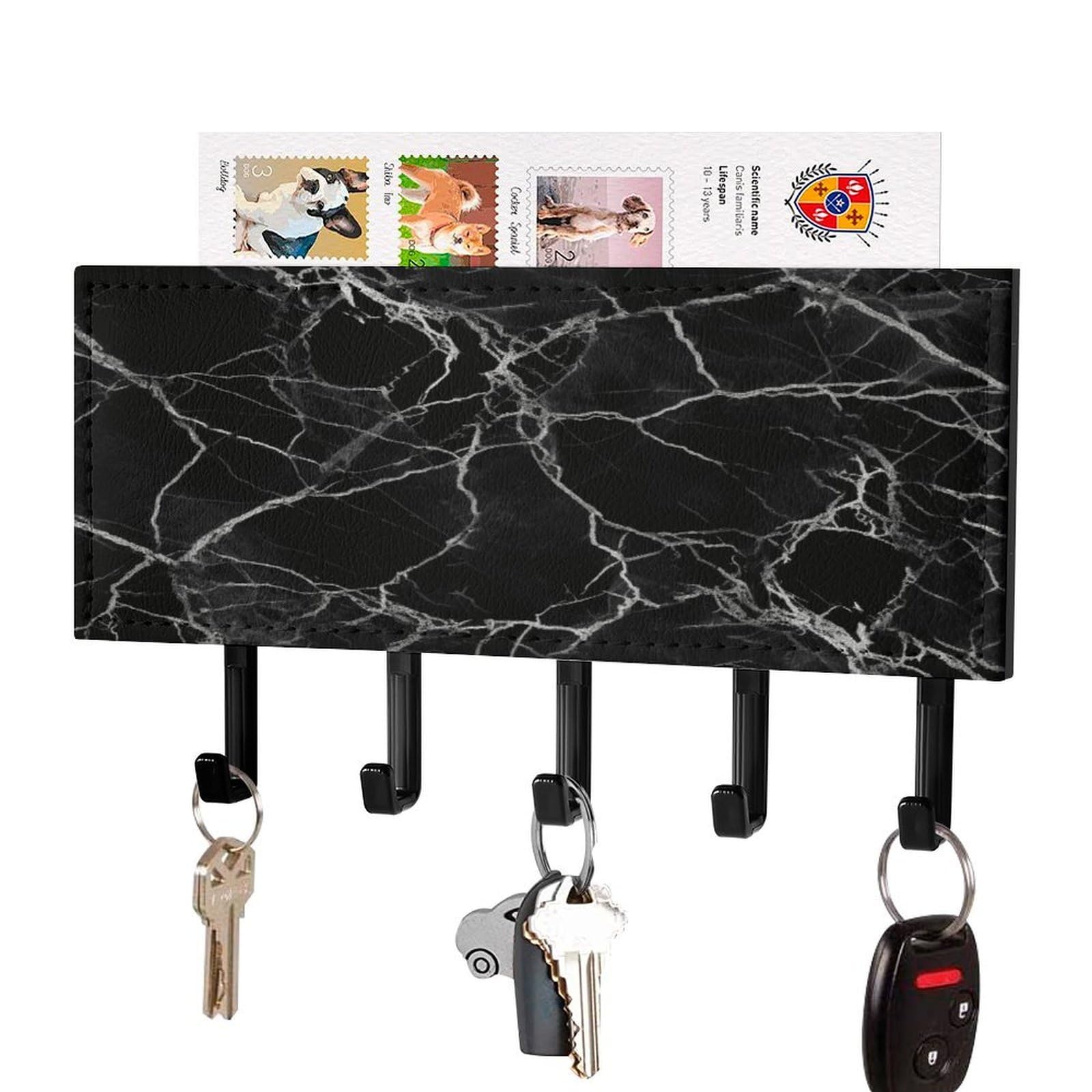 FekiLoot Black Marble Key Holder Wall Mount Key Hanger with 5 Hooks Decorative Key Rack Hanging Key Hooks with Mail Organizer Key Holder for Wall Living Room Kitchen Bathroom Hallway Black