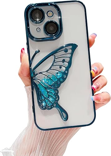 Ownest Funda compatible con iPhone 13 Pro Max con purpurina de lujo, diseño estético chapado en mariposa, protección de cámara, protección de
