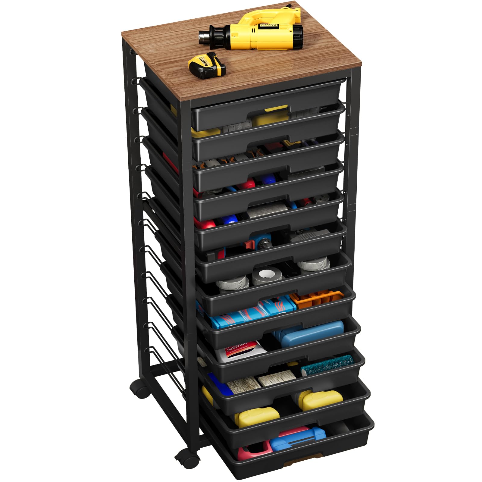 SYKIARIOL 12-Drawer Storage Trolley Rolling Cart with Wooden Top, Black