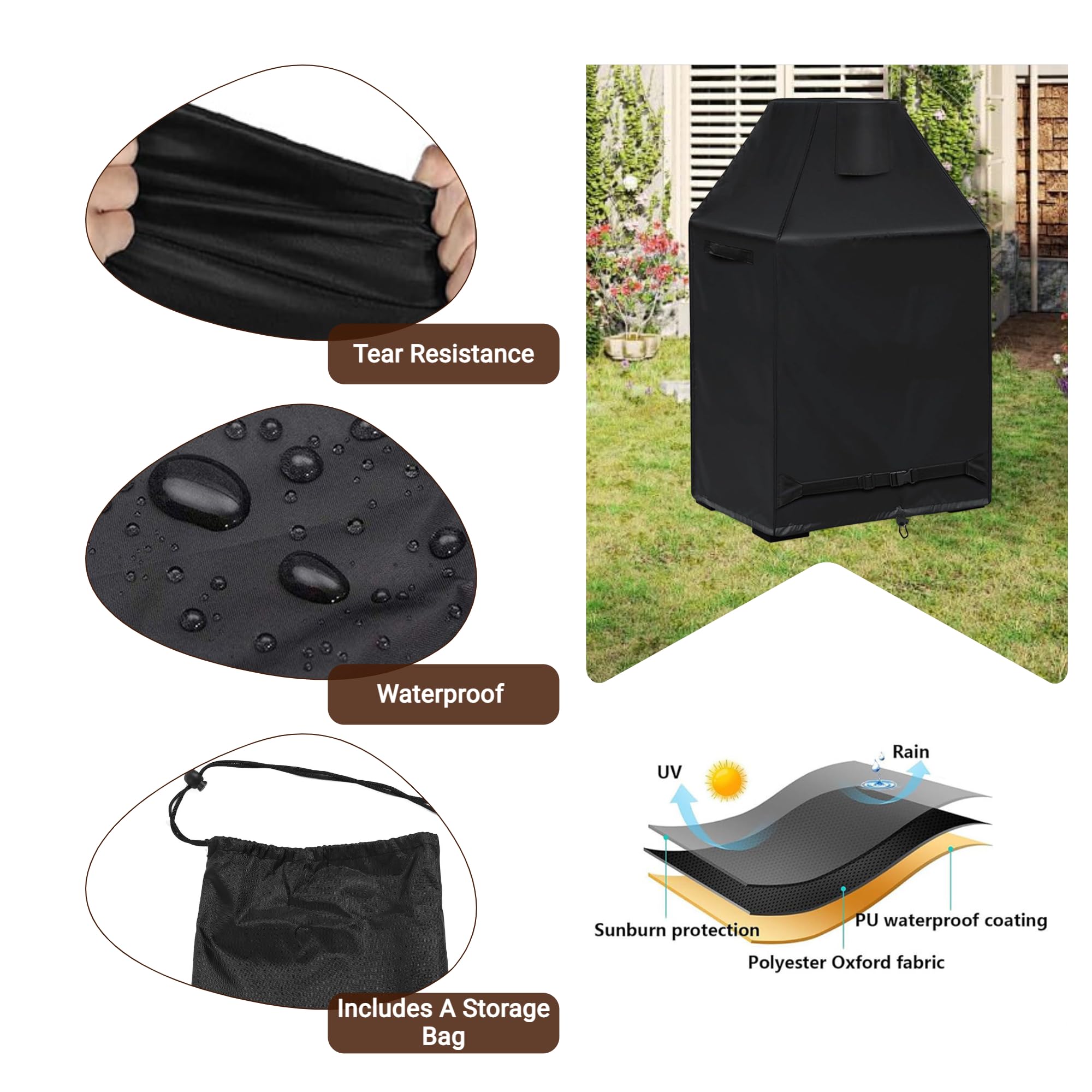Housse de cheminée d'extérieur en tissu Oxford 420D imperméable pour patio, terrasse et autres meubles d'extérieur, noir