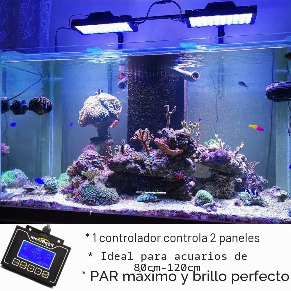 PopBloom 200W Luz LED de Acuario Marino, Iluminación Multiespectrales Marino Regulable para Acuario de Coral, Soporte de Lámpara Incluido, con Controlador Inteligente (2 Lámparas con Kit de Montaje)
