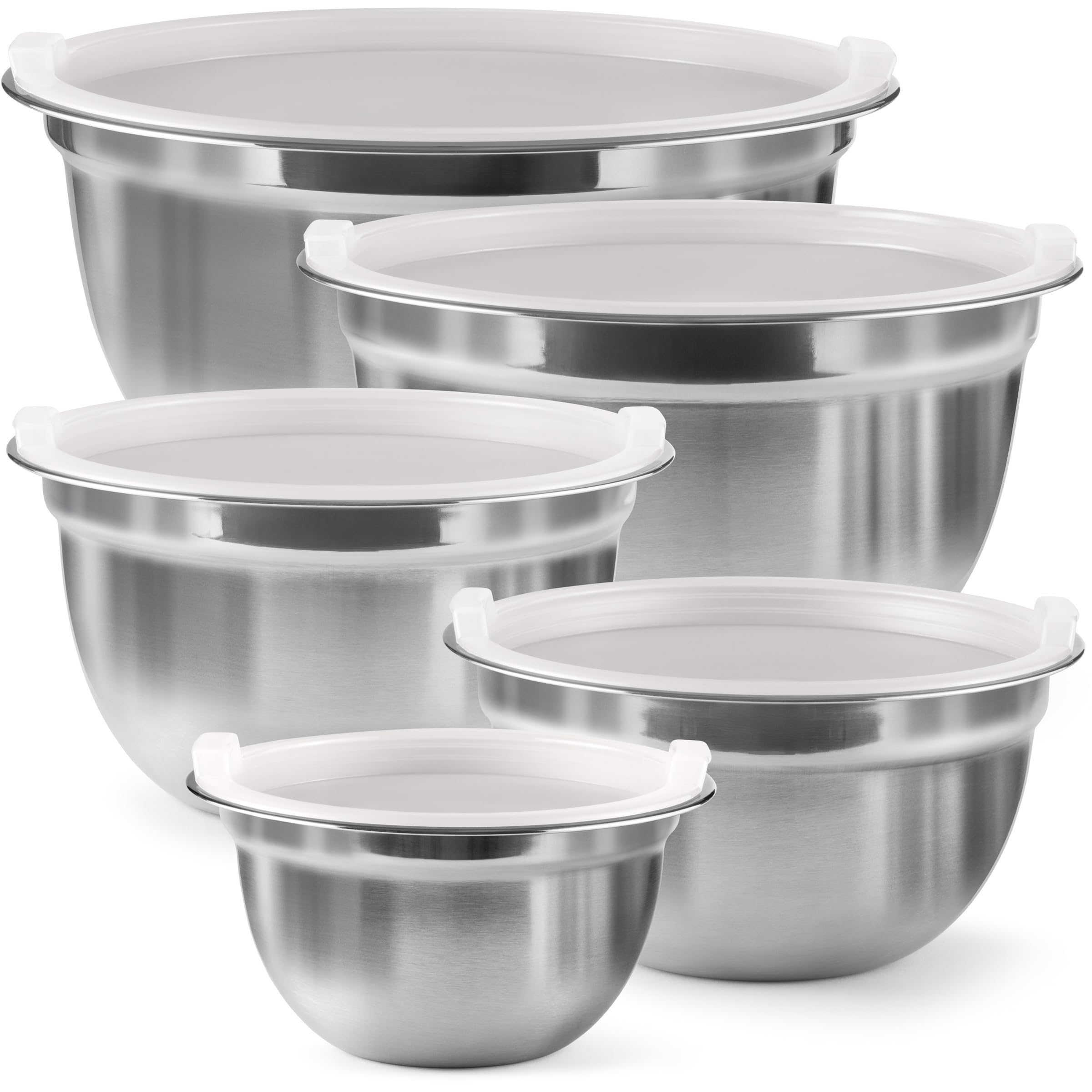 Premium Various Sizes Stainless Steel Mixing Bowl (Set of 5) With Airtight Lids, Flat Base For Stability & Easy Grip Whisking, Mixing, Beating Bowls Nesting & Stackable for Convenient Storage (Silver)