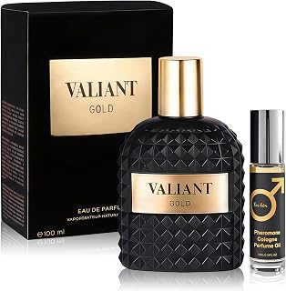 Men's Cologne Set Valiant Gold 100ml Eau de Toilette & 10ml Pheromone Perfume Oil | Italian Bergamot,Iris,Vetiver, Cedarwood Fragrance | Long Lasting Fresh & Sophisticated Scent for Men Gift