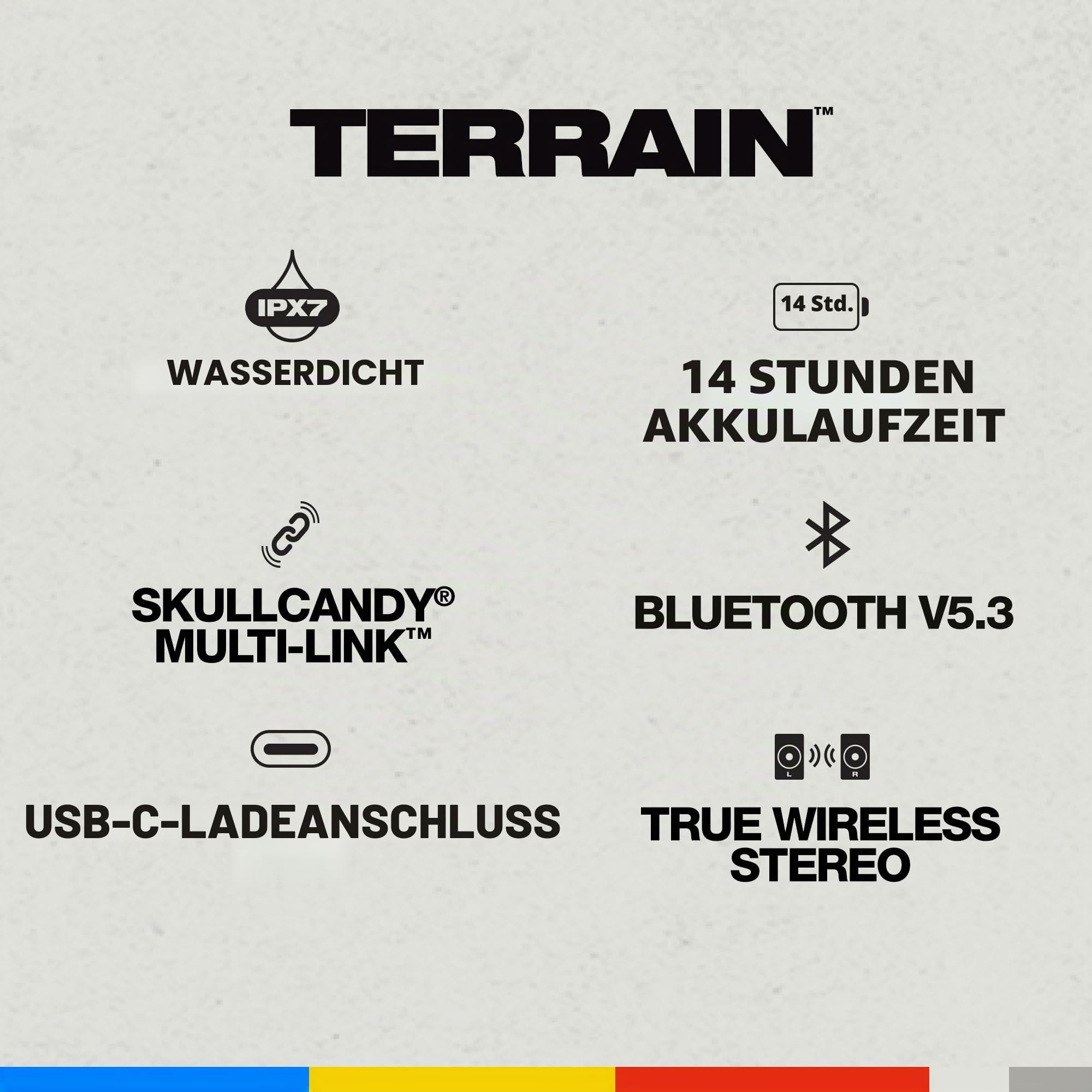 Skullcandy Terrain Wireless tragbarer Bluetooth-Lautsprecher, Wasserdicht (IPX7), 14 Stunden Akkulaufzeit, True-Wireless-Stereo mit integriertem Trageriemen für Reisen und Outdoor-Einsätze – Schwarz