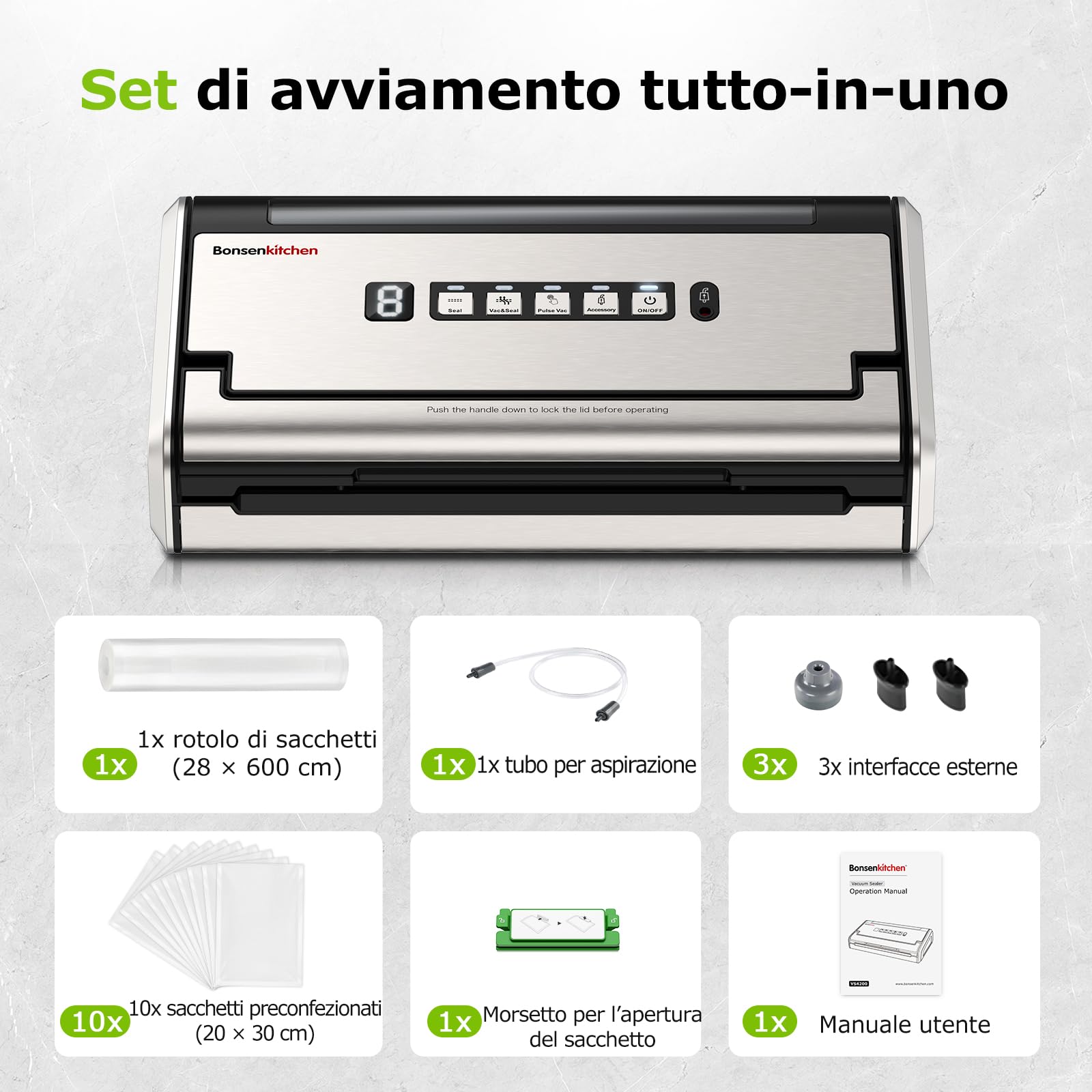 Bonsenkitchen Macchina Sottovuoto, Sigillatura Larga 5mm Antigoccia, Acciaio Inox, Una Mano & Pulse Secco/Umido, Macchina Sottovuoto ad Alte Prestazioni incl. 1 Rotolo & 10 Sacchetti, VS4200