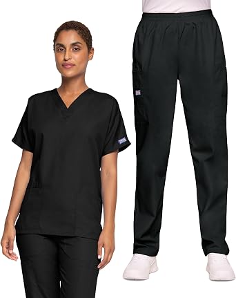 Cherokee Womens Scrub Set V-Neck Dolman Sleeve Top & Pull-On Cargo Pant with Elastic Waist & Fade Resistant Fabric -CK00043C