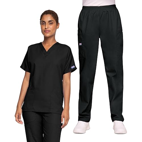 Cherokee Women's Scrub Set V-Neck Dolman Sleeve Top & Pull-On Cargo Pant with Elastic Waist & Fade Resistant Fabric -CK00043C
