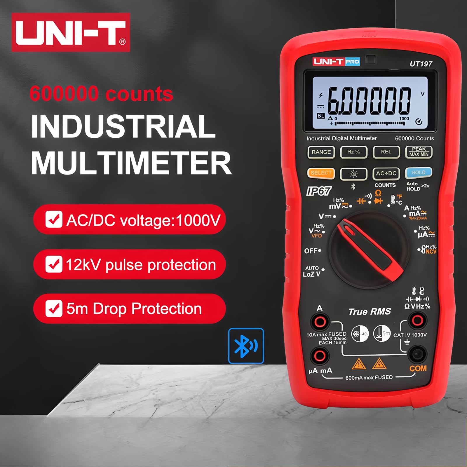 UNI-T UT197 Industrie-True-RMS-Digitalmultimeter – 600.000-Zähler-Anzeige, IP67 wasserdicht & staubdicht, 5-Meter-Sturzschutz, VFD-Interferenzunterdrückungsmodus